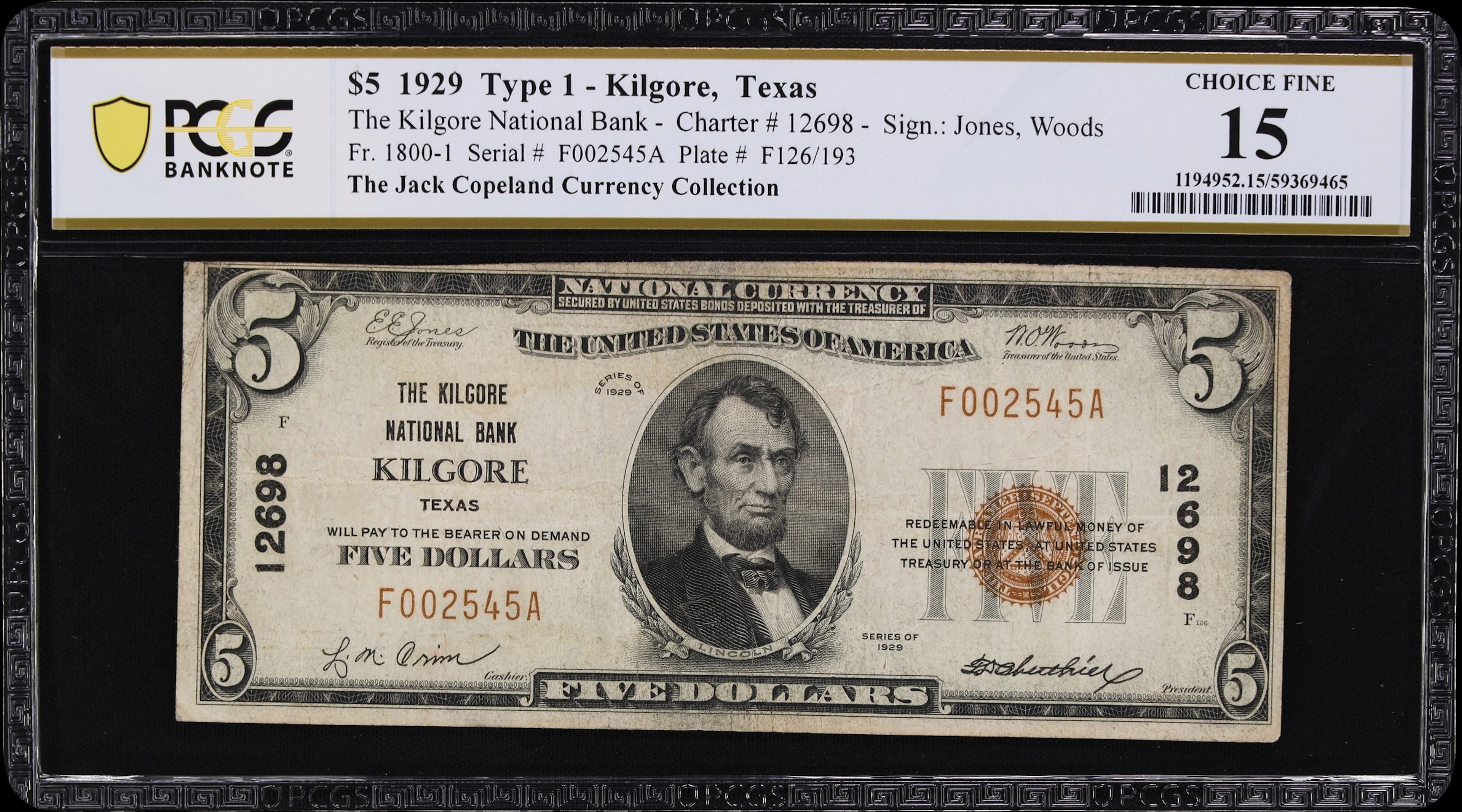 Kilgore, Texas. $5 1929 Ty. 1. Fr. 1800-1. Kilgore NB. Charter #12698.