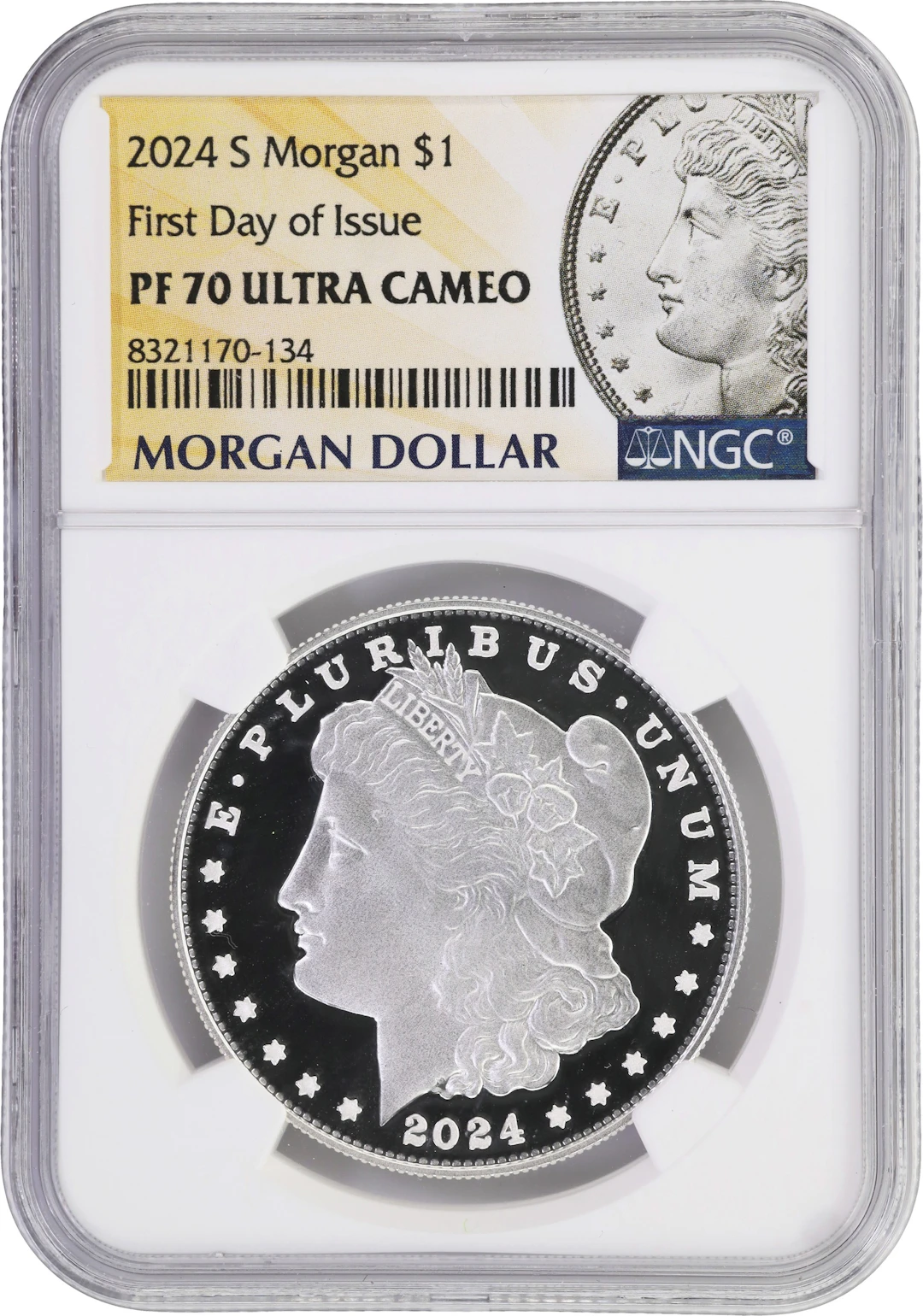 (0.859 oz, 26.718 g ASW). 2024-S Morgan Silver Dollar. PF-70 Ultra Cameo (NGC).