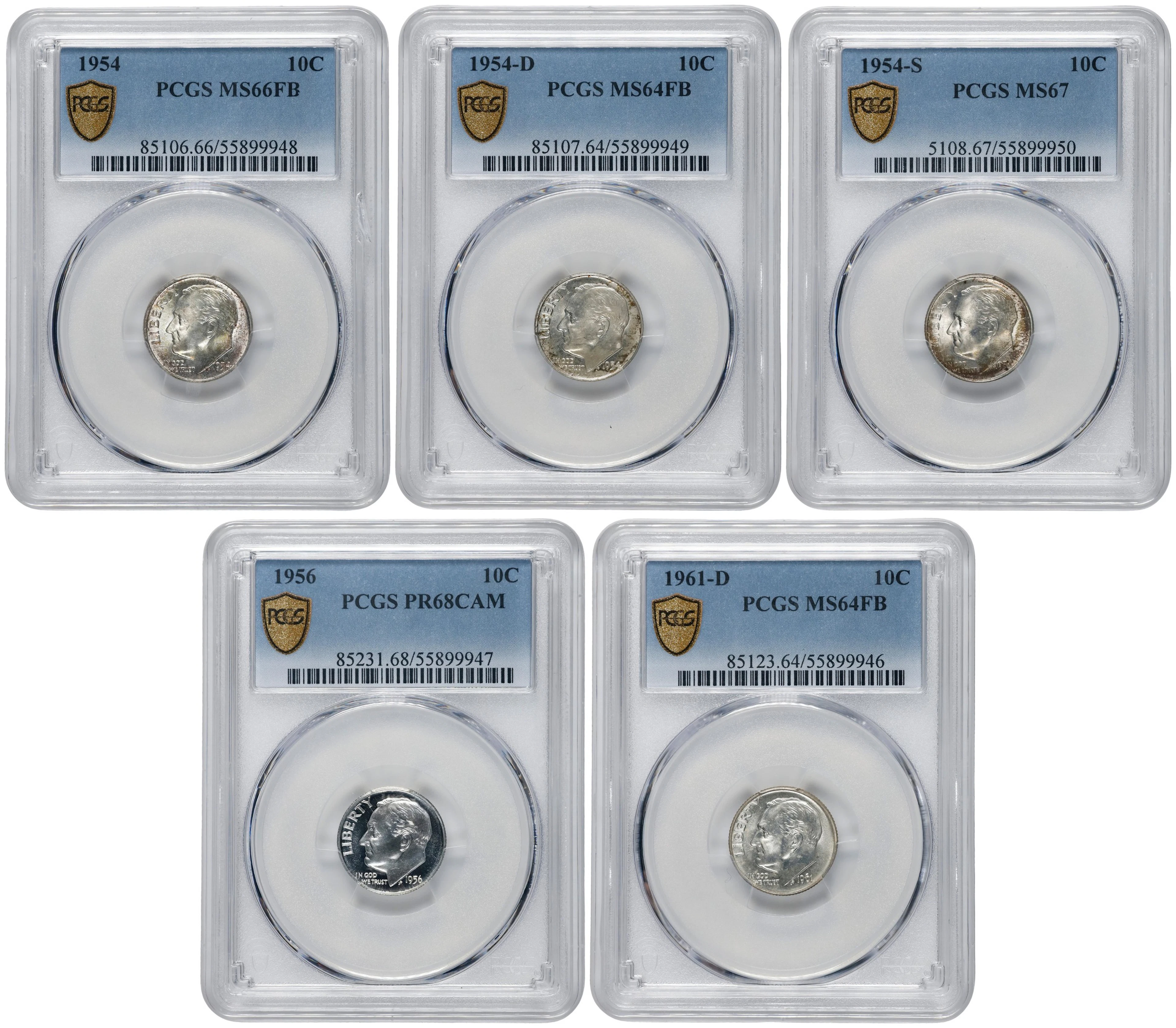 Lot of (5) Roosevelt Dimes. (PCGS).