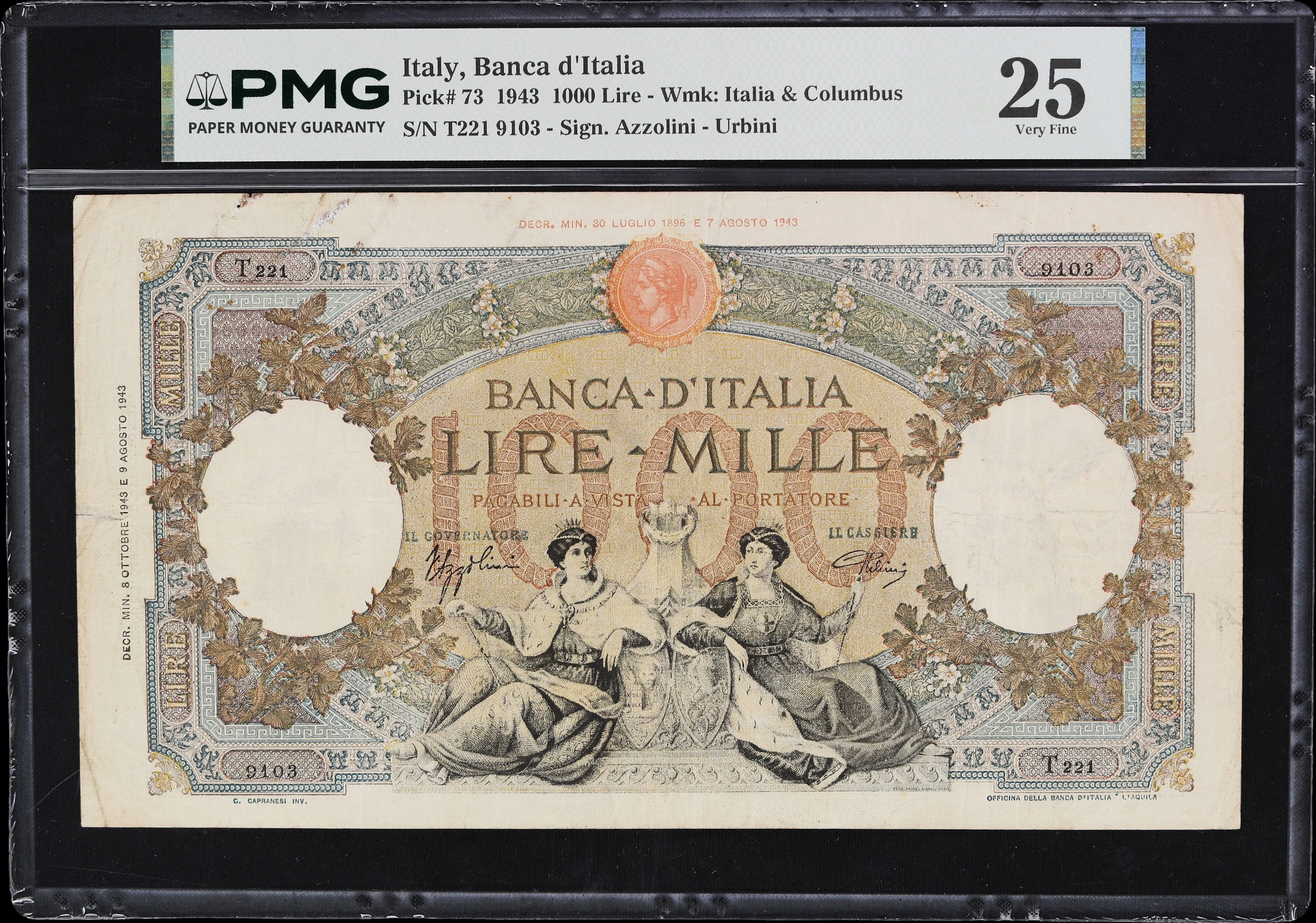 ITALY. Banca d'Italia. 1000 Lire, 8.10.1943. P-73. PMG Very Fine 25.