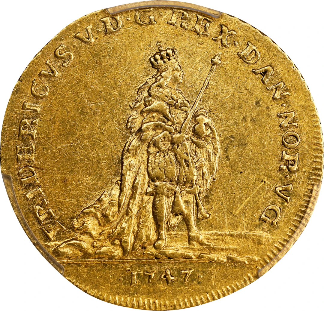 (◊) DENMARK. Ducat, 1747. Copenhagen Mint. Frederik V. PCGS AU-55.