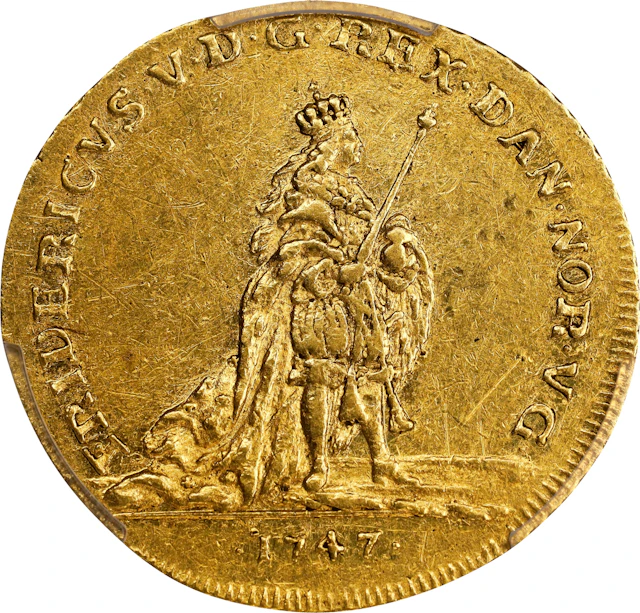 (◊) DENMARK. Ducat, 1747. Copenhagen Mint. Frederik V. PCGS AU-55.