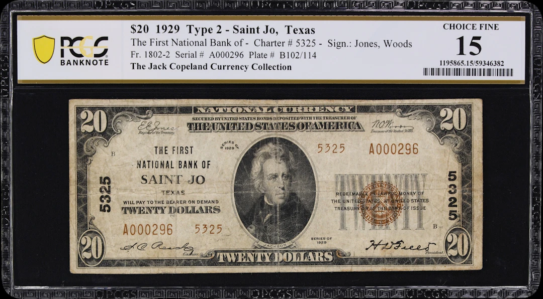 Saint Jo, Texas. $20 1929 Ty. 2. Fr. 1802-2. First NB. Charter #5325.