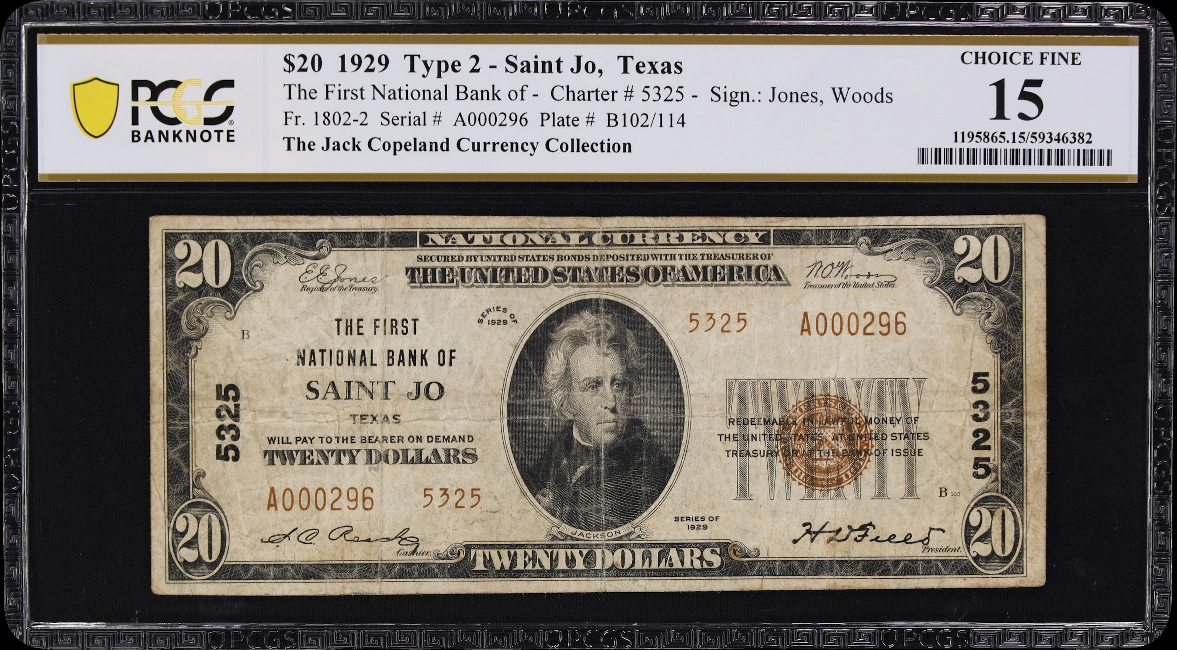 Saint Jo, Texas. $20 1929 Ty. 2. Fr. 1802-2. First NB. Charter #5325.
