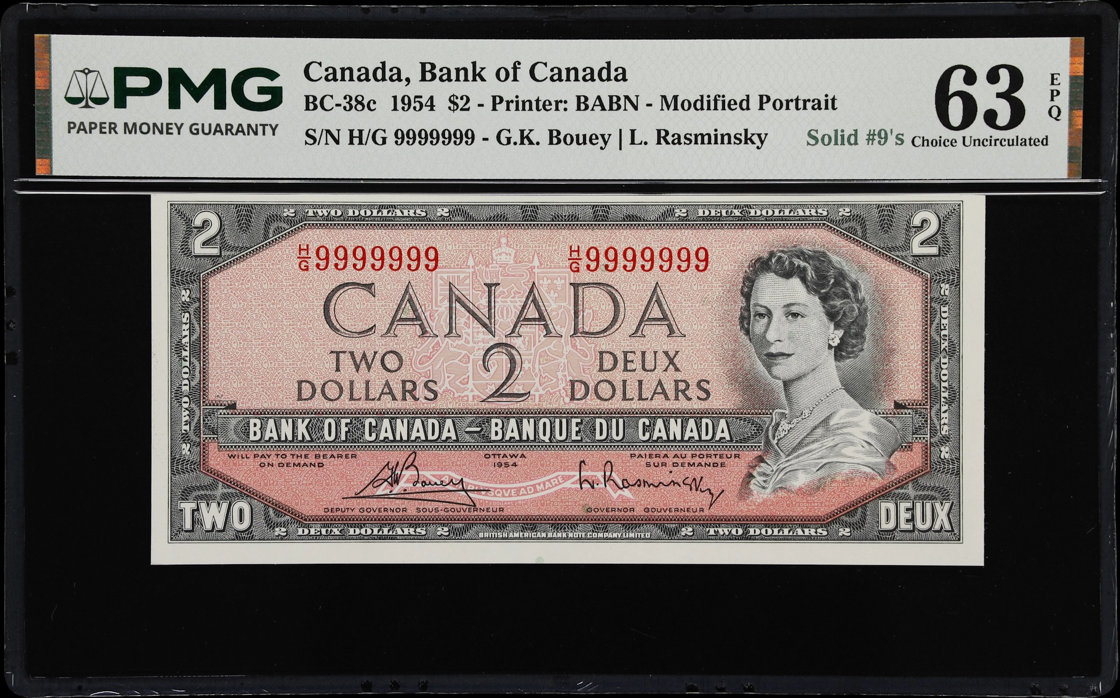 CANADA--FANCY SERIAL NUMBERS. Bank of Canada. 2 Dollars, 1954. BC-38c.
