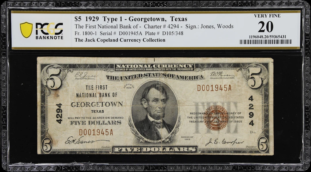 Georgetown, Texas. $5 1929 Ty. 1. Fr. 1800-1. First NB. Charter #4294.