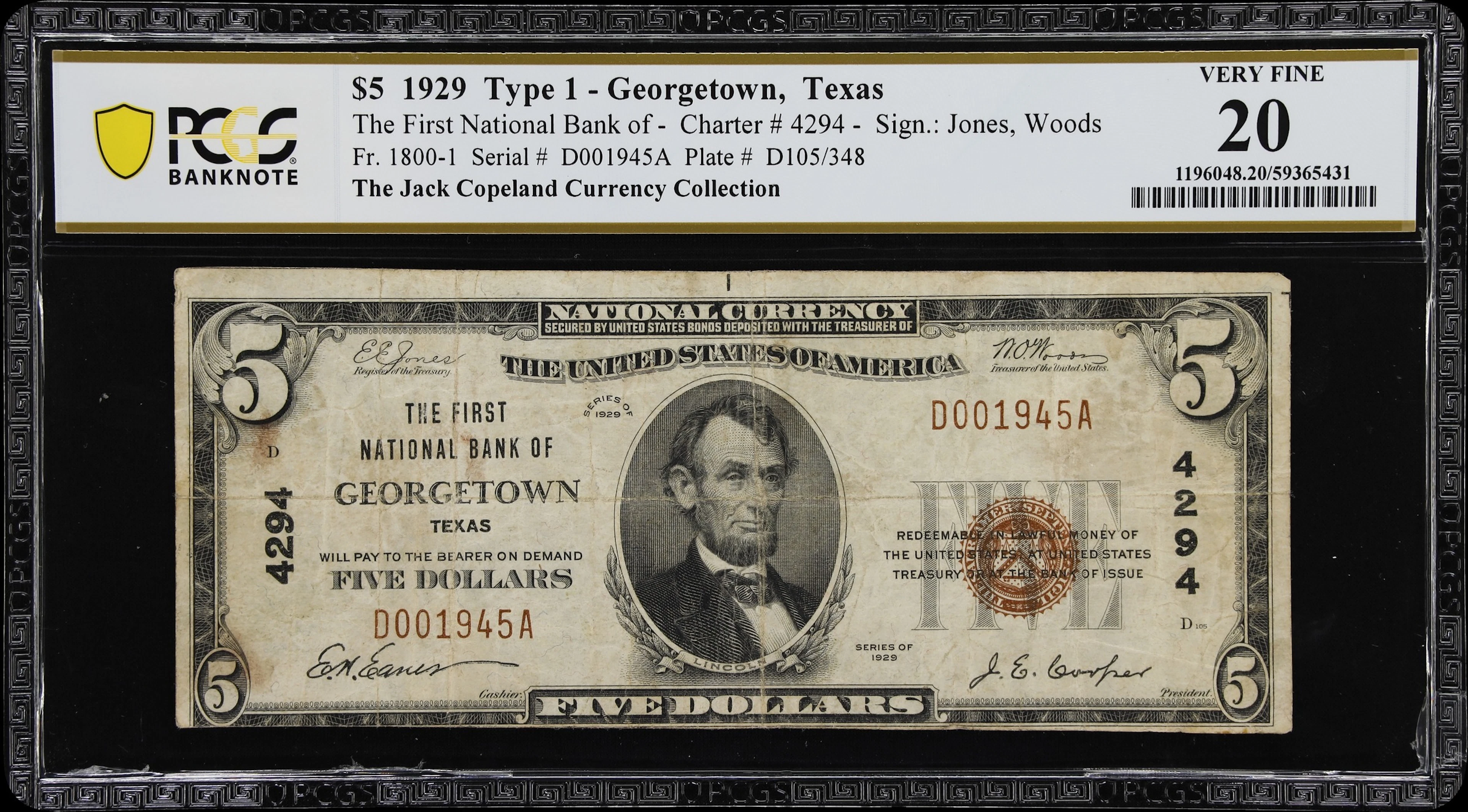 Georgetown, Texas. $5 1929 Ty. 1. Fr. 1800-1. First NB. Charter #4294.