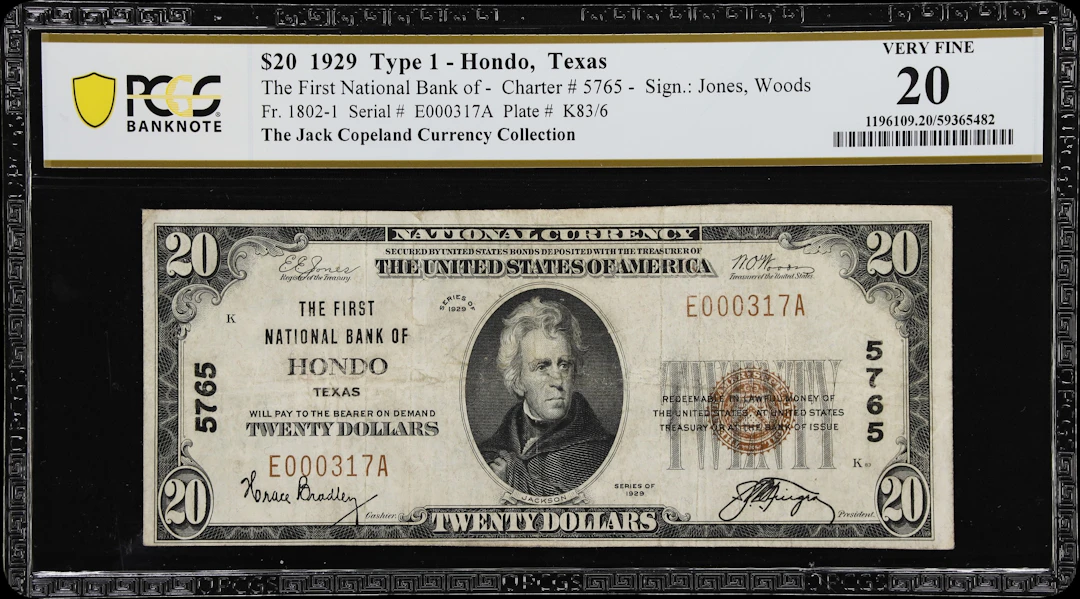 Hondo, Texas. $20 1929 Ty. 1. Fr. 1802-1. First NB. Charter #5765.