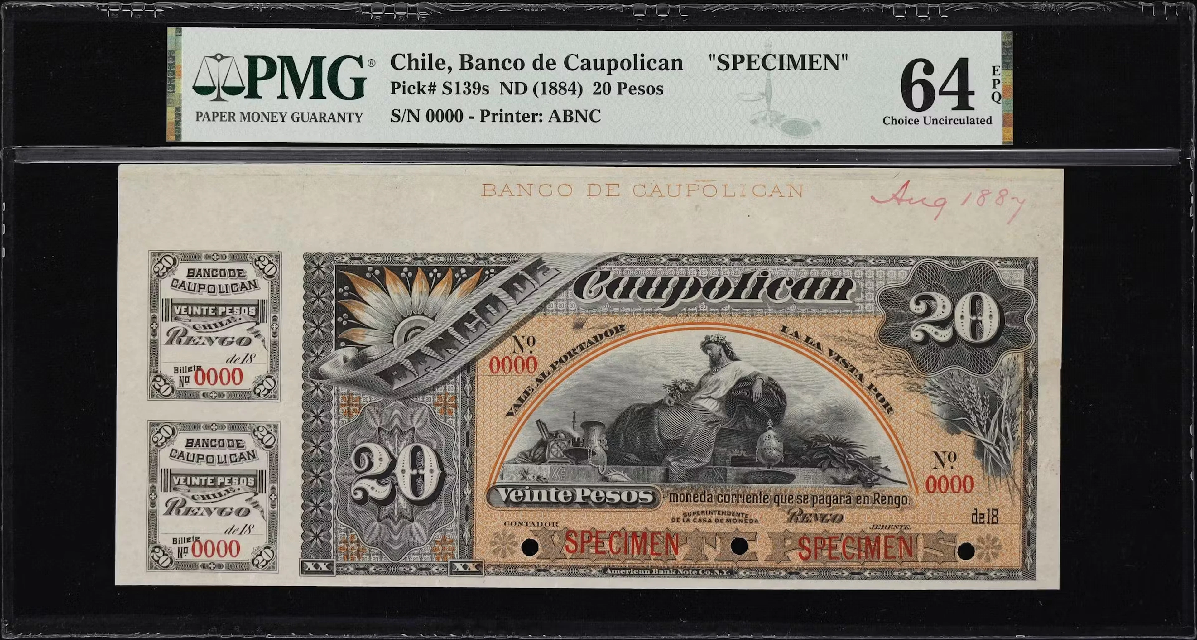 CHILE. Banco de Caupolican. 20 Pesos, ND (1884). P-S139s. Specimen.