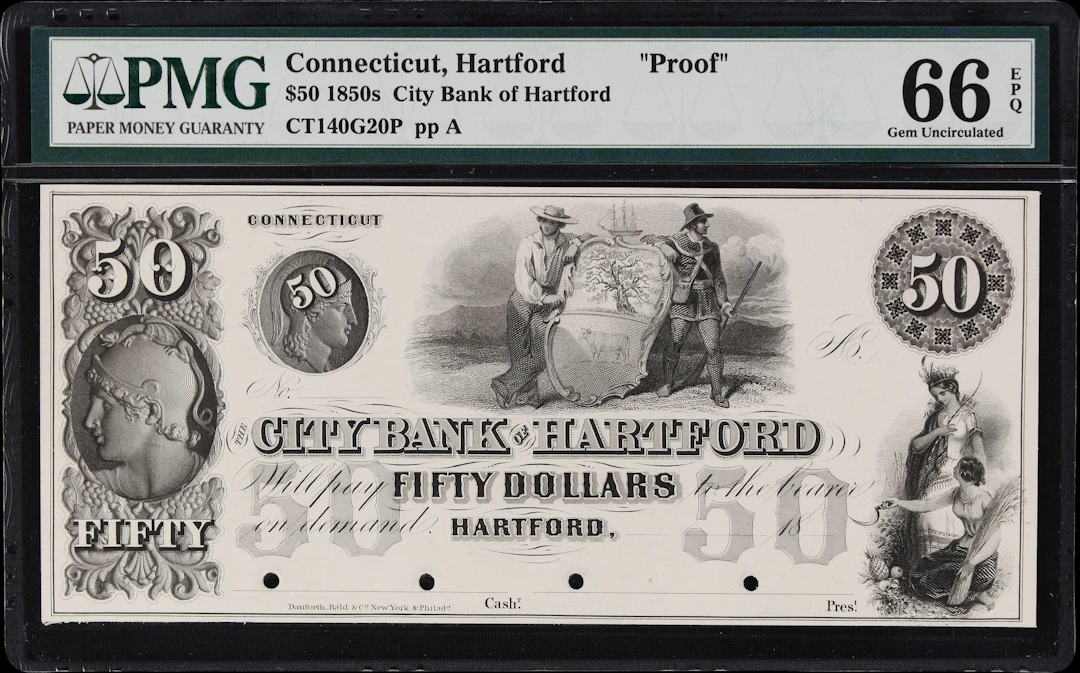 Hartford, Connecticut. City Bank of Hartford. 18xx $50. PMG Gem Uncirculated