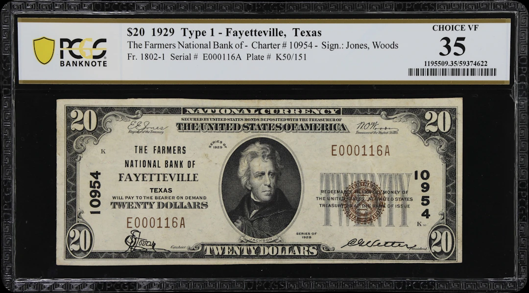 Fayetteville, Texas. $20 1929 Ty. 1. Fr. 1802-1. Farmers NB. Charter