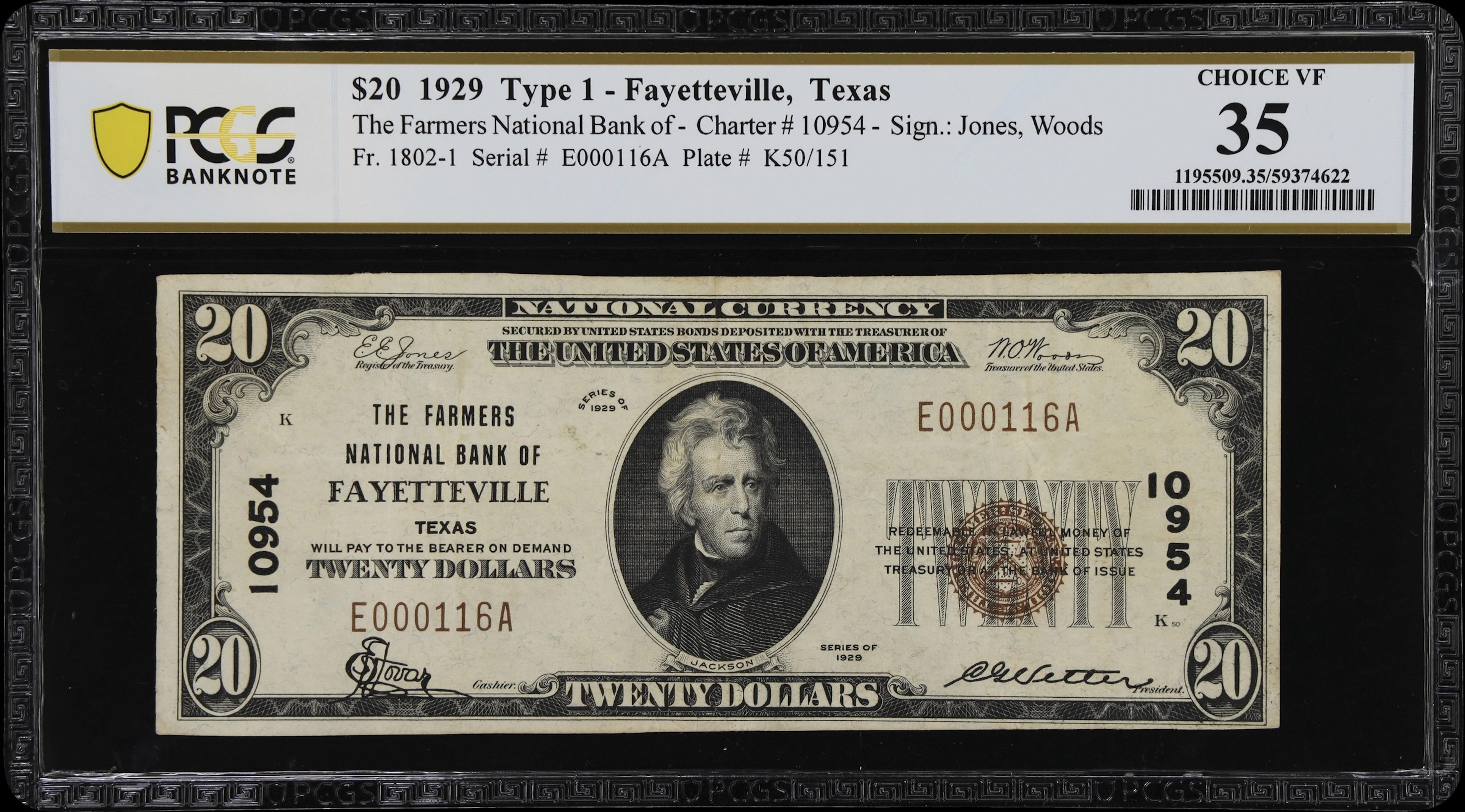 Fayetteville, Texas. $20 1929 Ty. 1. Fr. 1802-1. Farmers NB. Charter