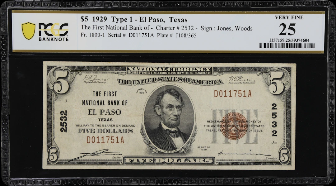 El Paso, Texas. $5 1929 Ty. 1. Fr. 1800-1. First NB. Charter #2532.