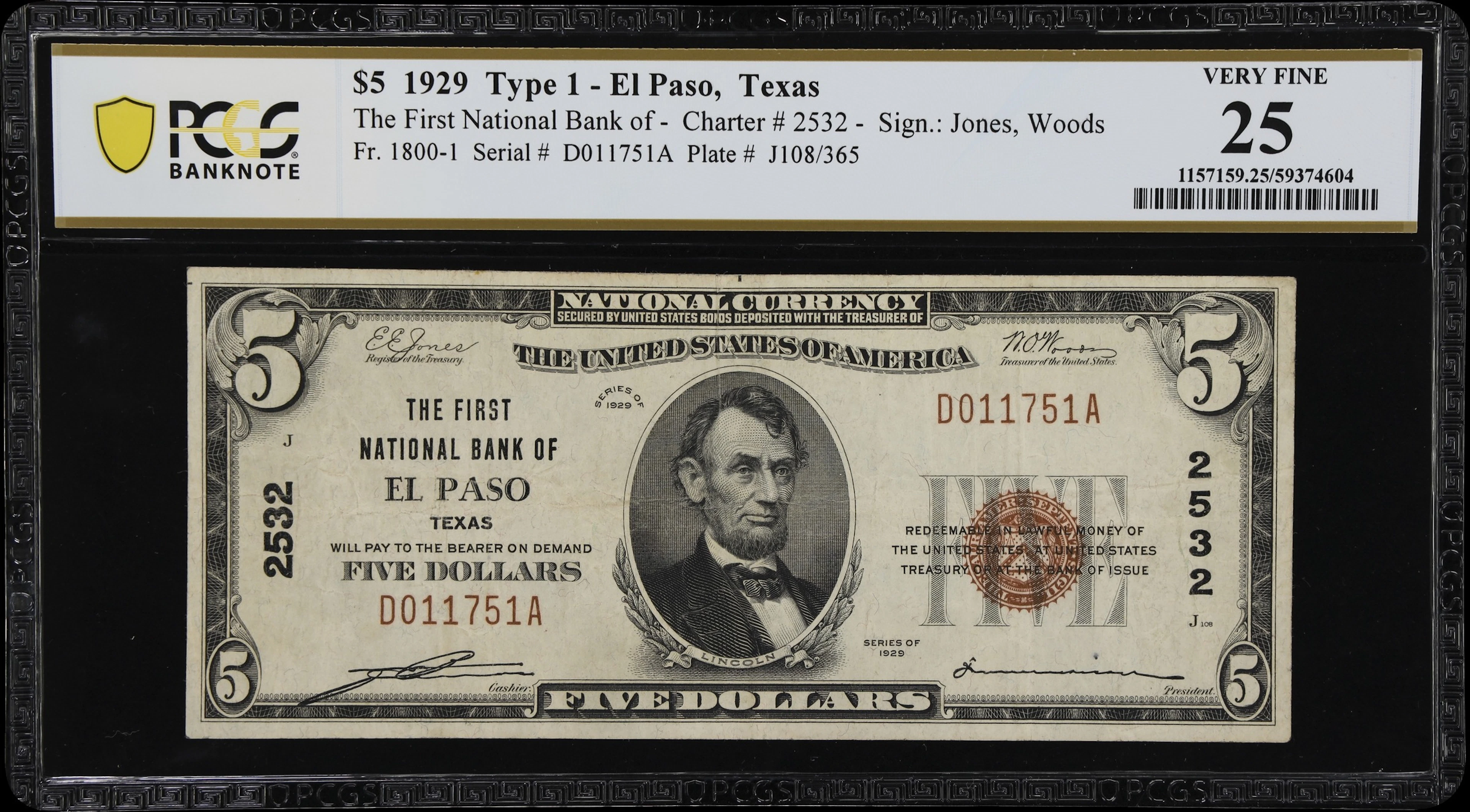 El Paso, Texas. $5 1929 Ty. 1. Fr. 1800-1. First NB. Charter #2532.