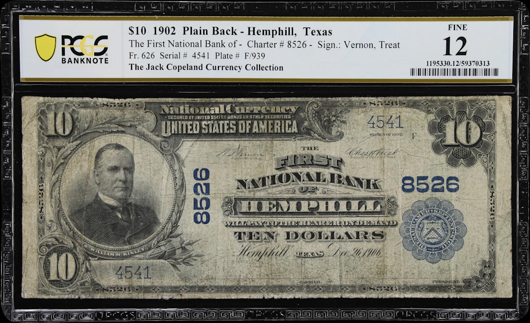 Hemphill, Texas. $10 1902 Plain Back. Fr. 626. First NB. Charter #8526.