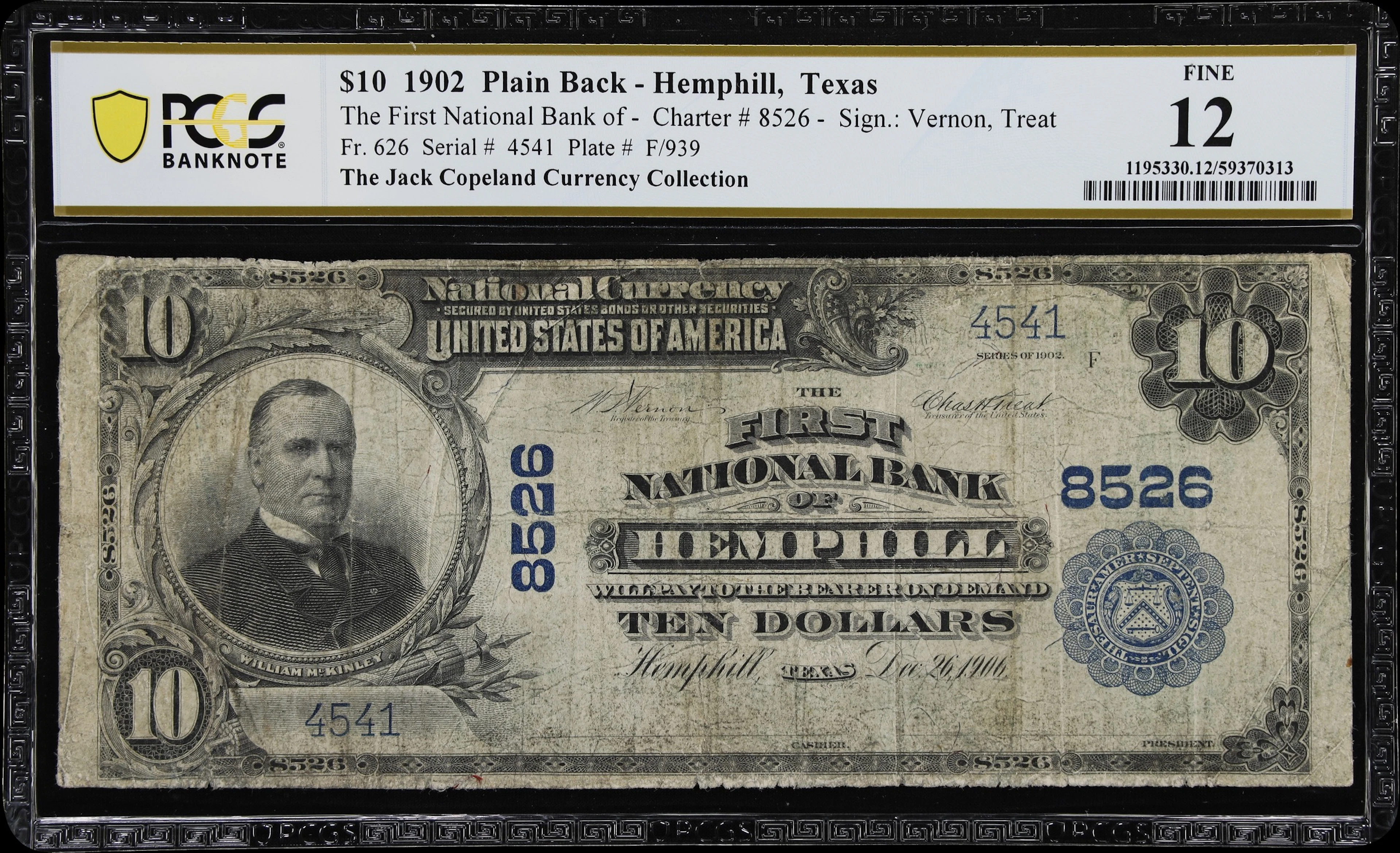 Hemphill, Texas. $10 1902 Plain Back. Fr. 626. First NB. Charter #8526.