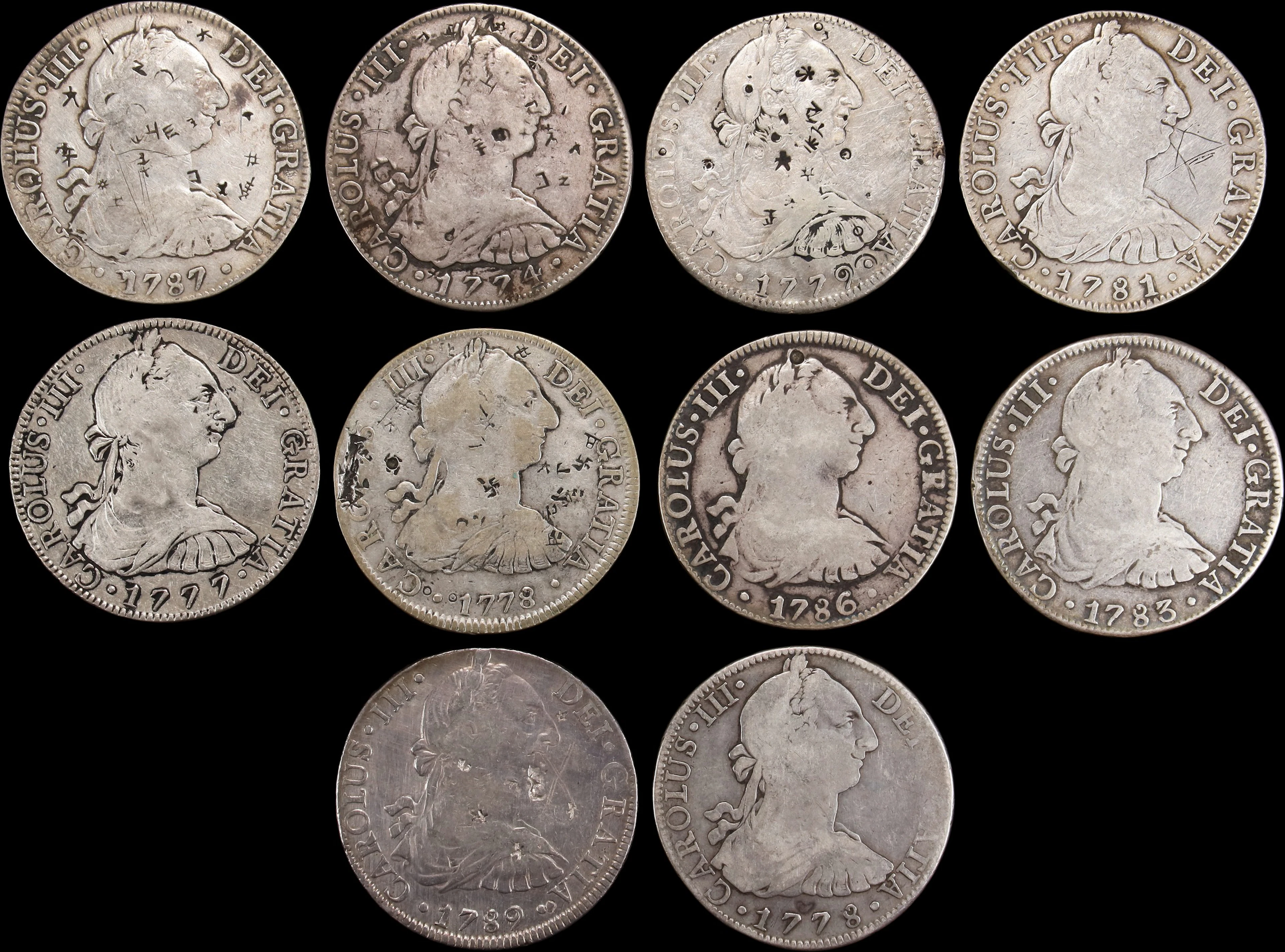 MEXICO. Group of Bust 8 Reales (10 Pieces), 1774-89. Mexico City Mint.