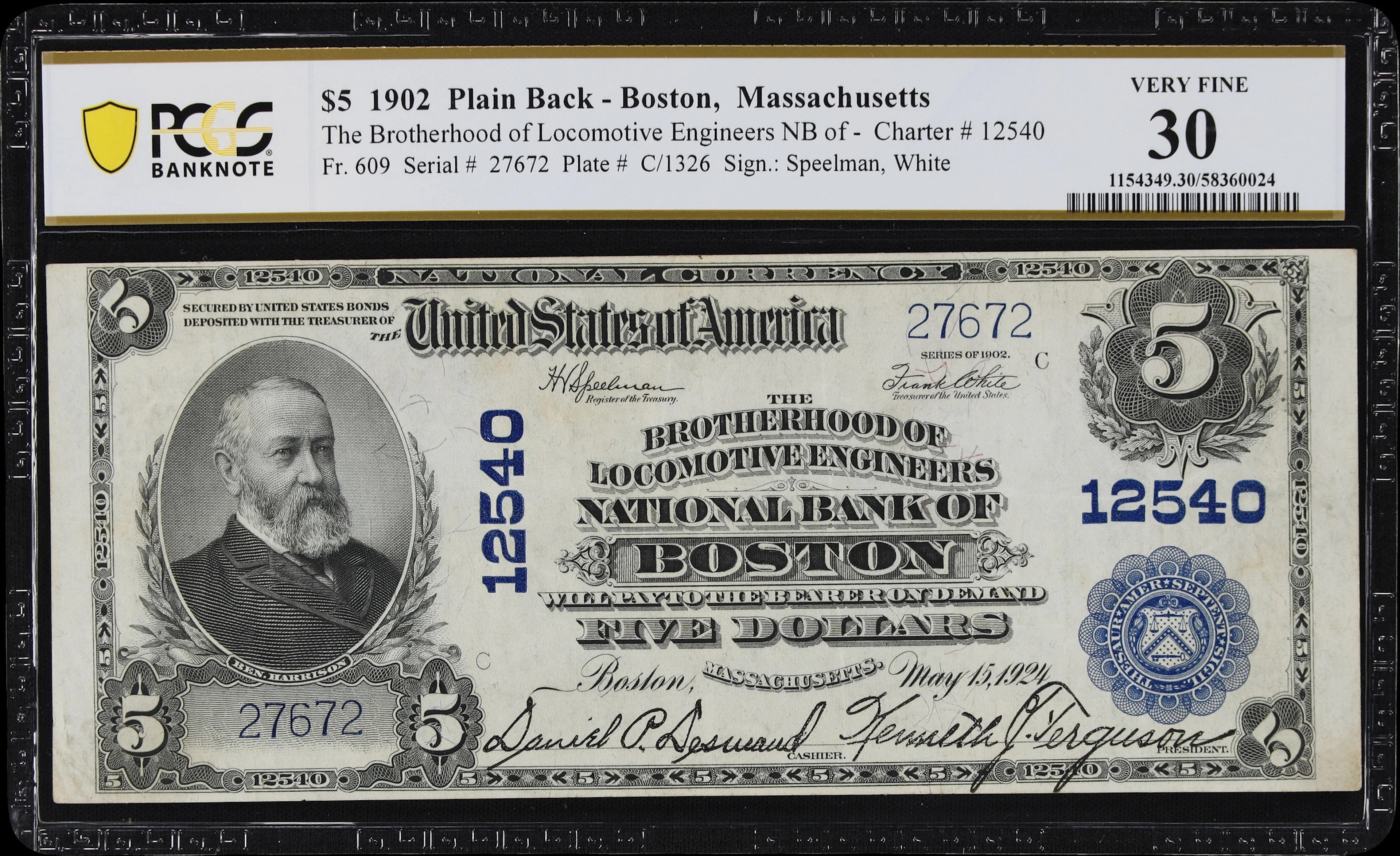 Boston, Massachusetts. $5 1902 Plain Back. Fr. 609. Brotherhood of