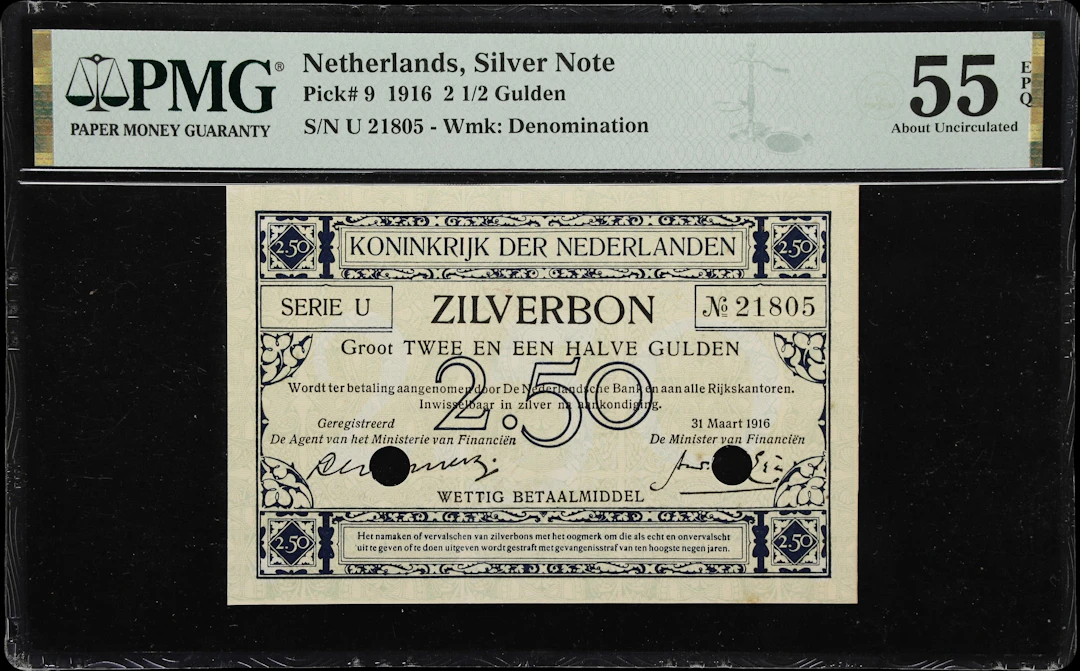 NETHERLANDS. Ministerie van Financien. 2 1/2 Gulden, 31.3.1916. P-9.