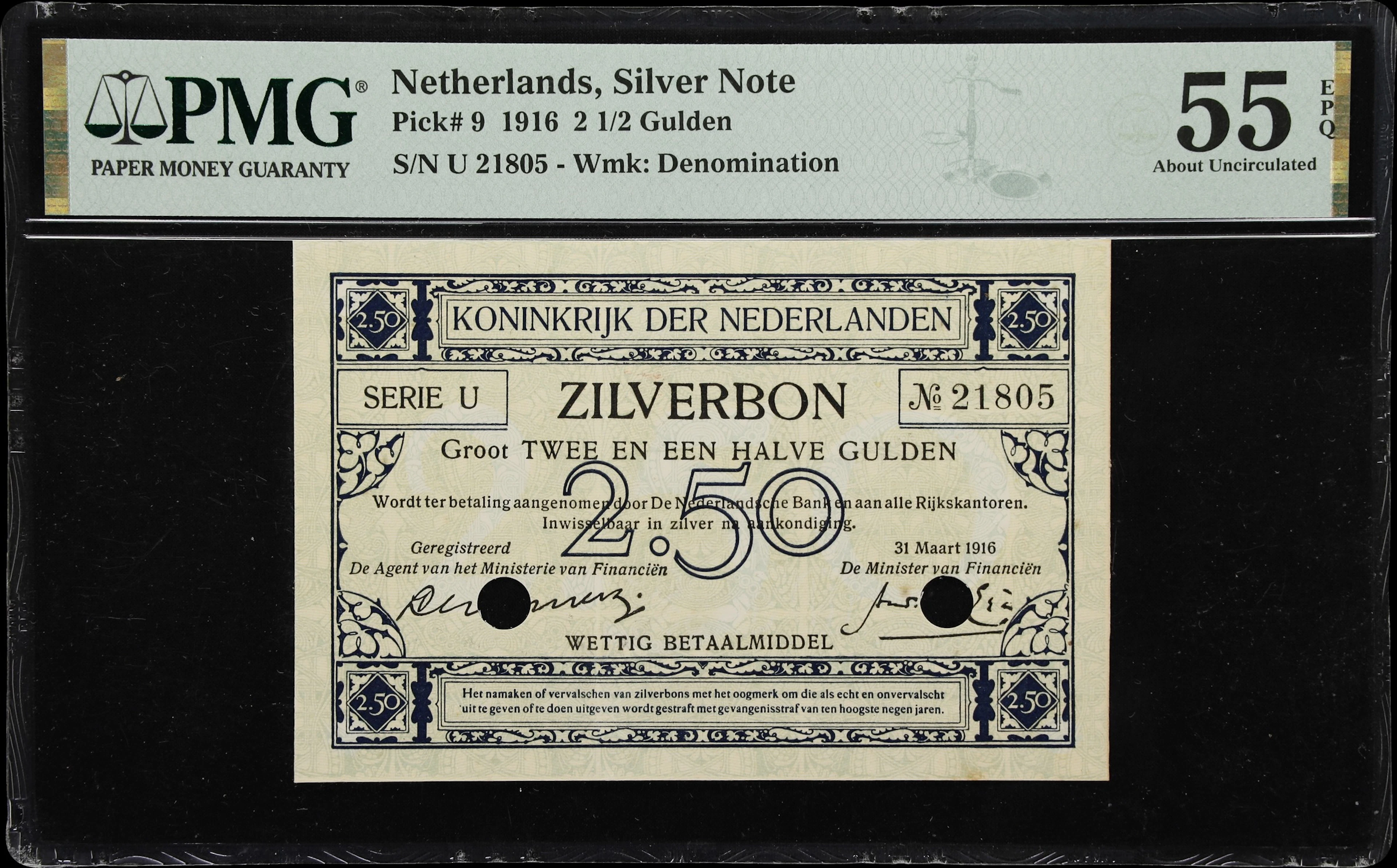 NETHERLANDS. Ministerie van Financien. 2 1/2 Gulden, 31.3.1916. P-9.