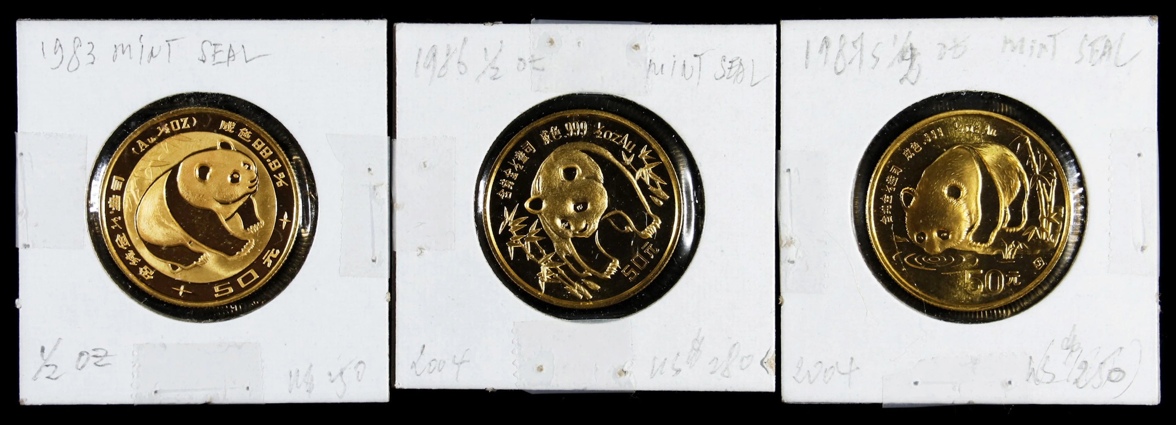 (t) CHINA. Trio of Gold 50 Yuan (3 Pieces), 1983-87. Panda Series.