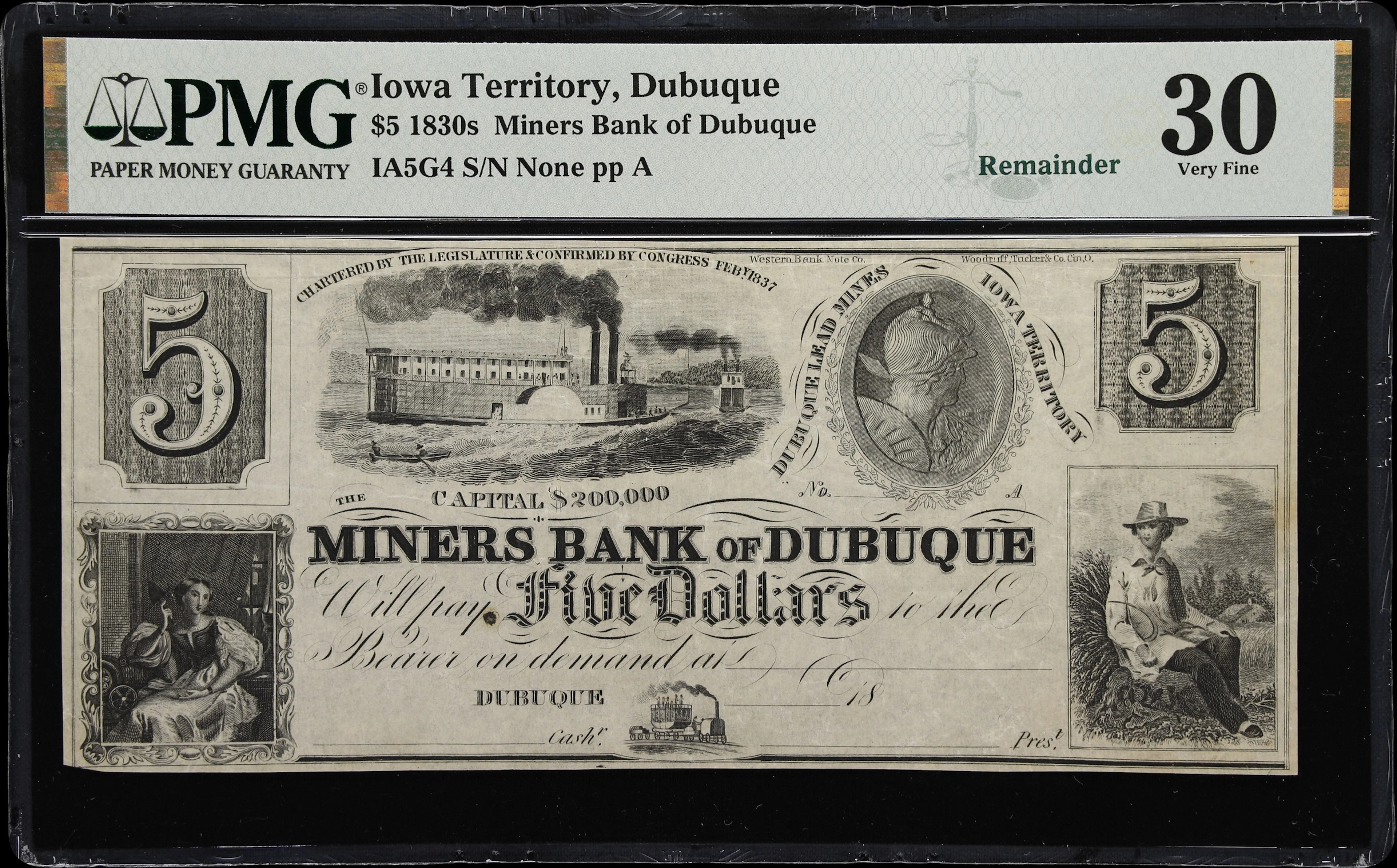 Dubuque, Iowa Territory. Miners Bank of Dubuque. 18xx $5. PMG Very