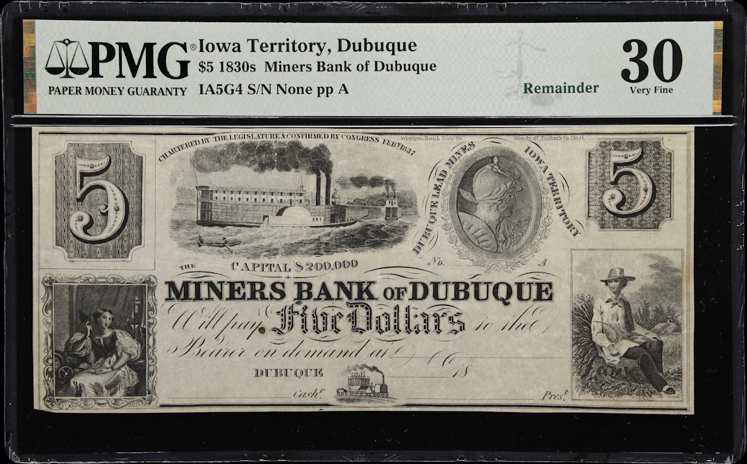 Dubuque, Iowa Territory. Miners Bank of Dubuque. 18xx $5. PMG Very