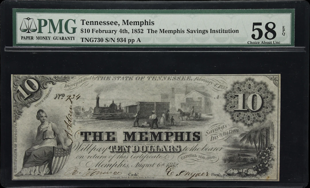 Memphis, Tennessee. Memphis Savings Institution. 1852 $10. PMG Choice