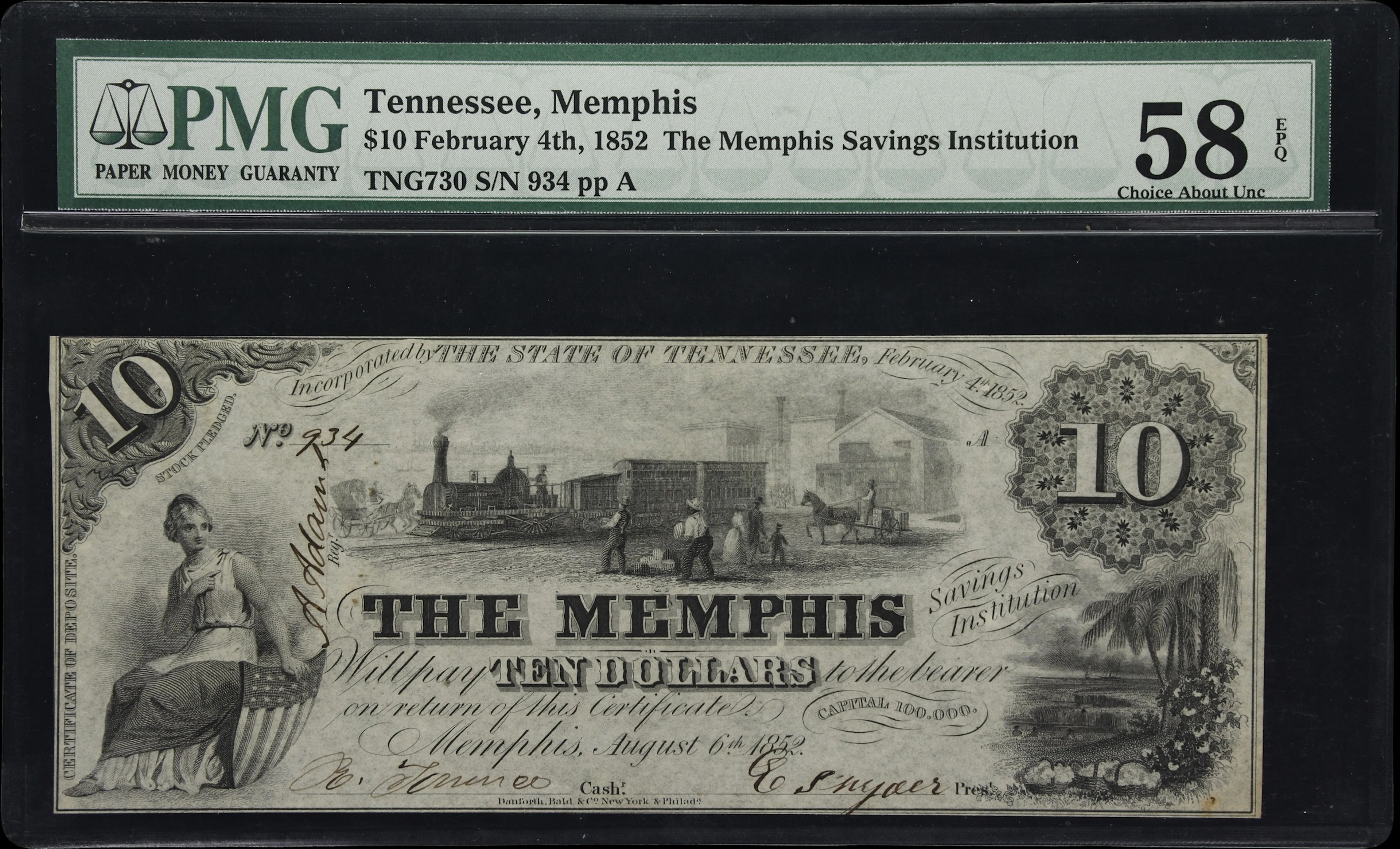 Memphis, Tennessee. Memphis Savings Institution. 1852 $10. PMG Choice