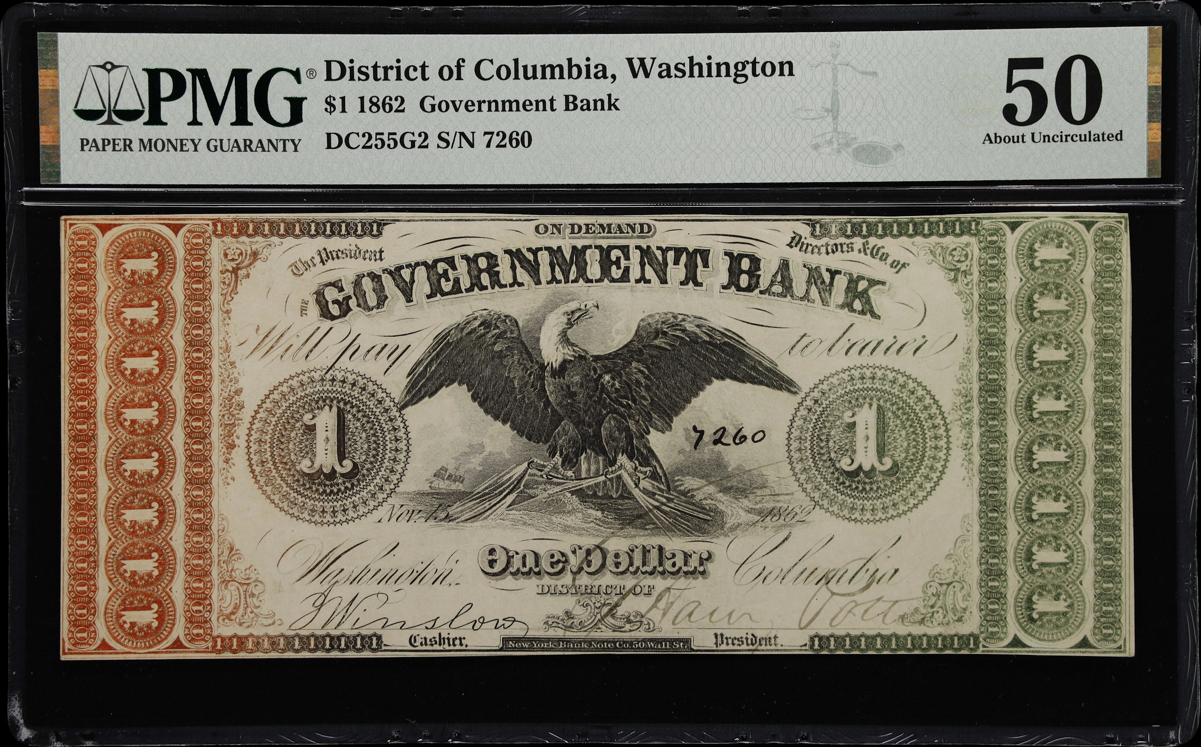 Washington, District of Columbia. Government Bank. 1862 $1. PMG About