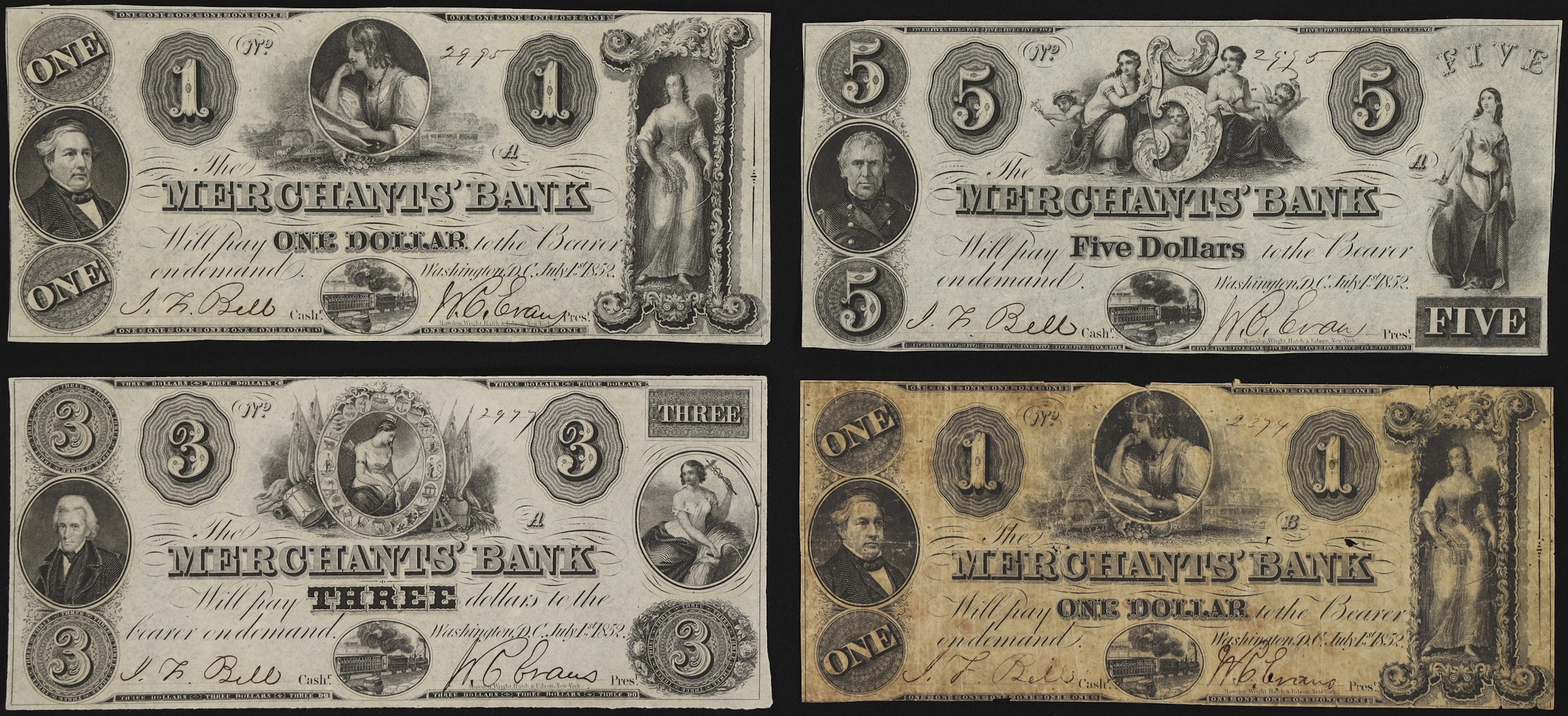 Lot of (4) Washington, District of Columbia. Merchants Bank. 1850s