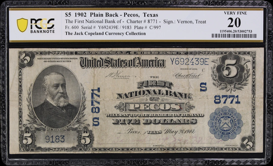 Pecos, Texas. $5 1902 Plain Back. Fr. 600. First NB. Charter #8771.