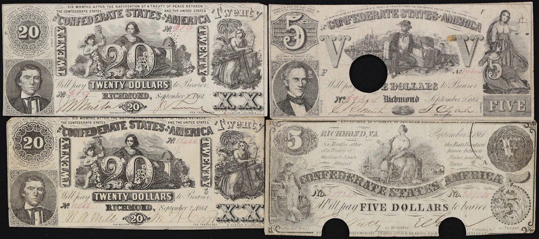 Lot of (4) T-20, T-36, T-37. Confederate Currency. 1861 $5 & $20.