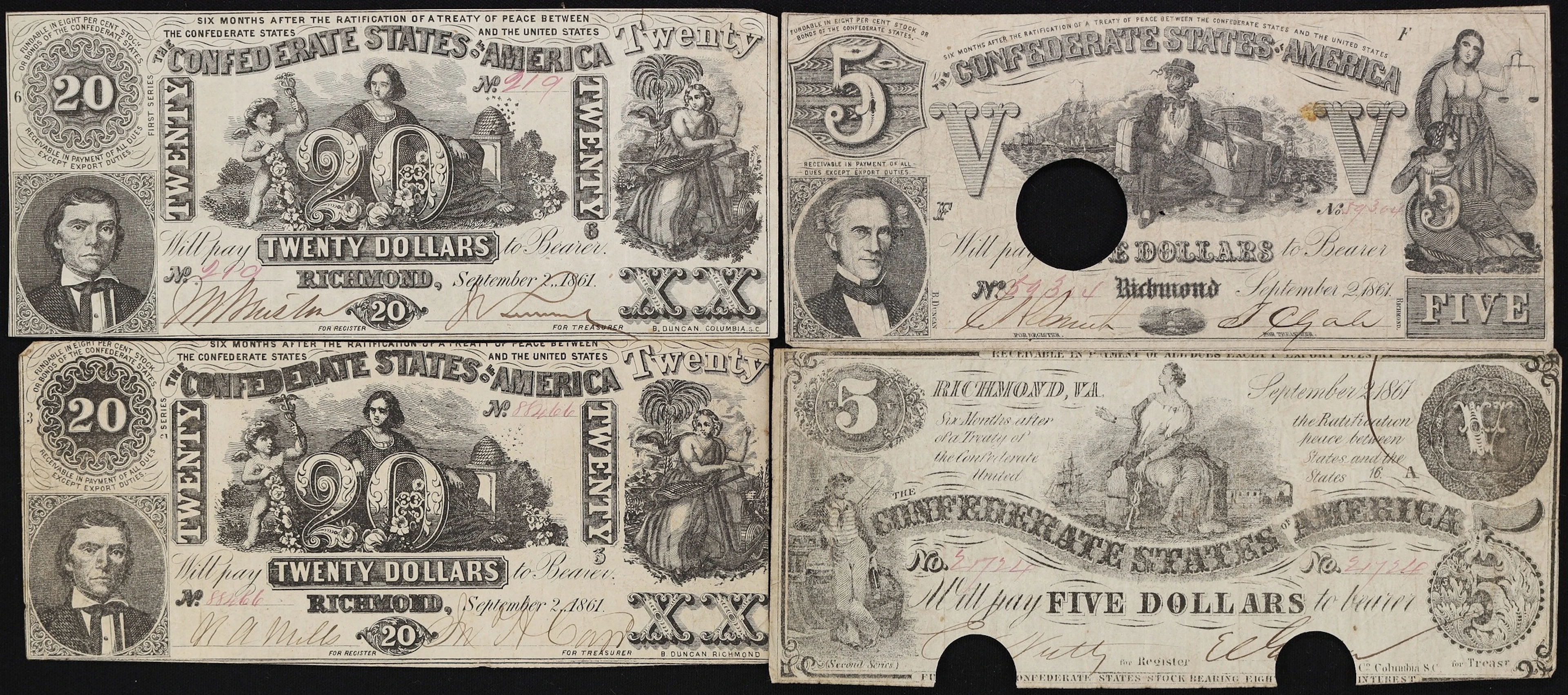 Lot of (4) T-20, T-36, T-37. Confederate Currency. 1861 $5 & $20.