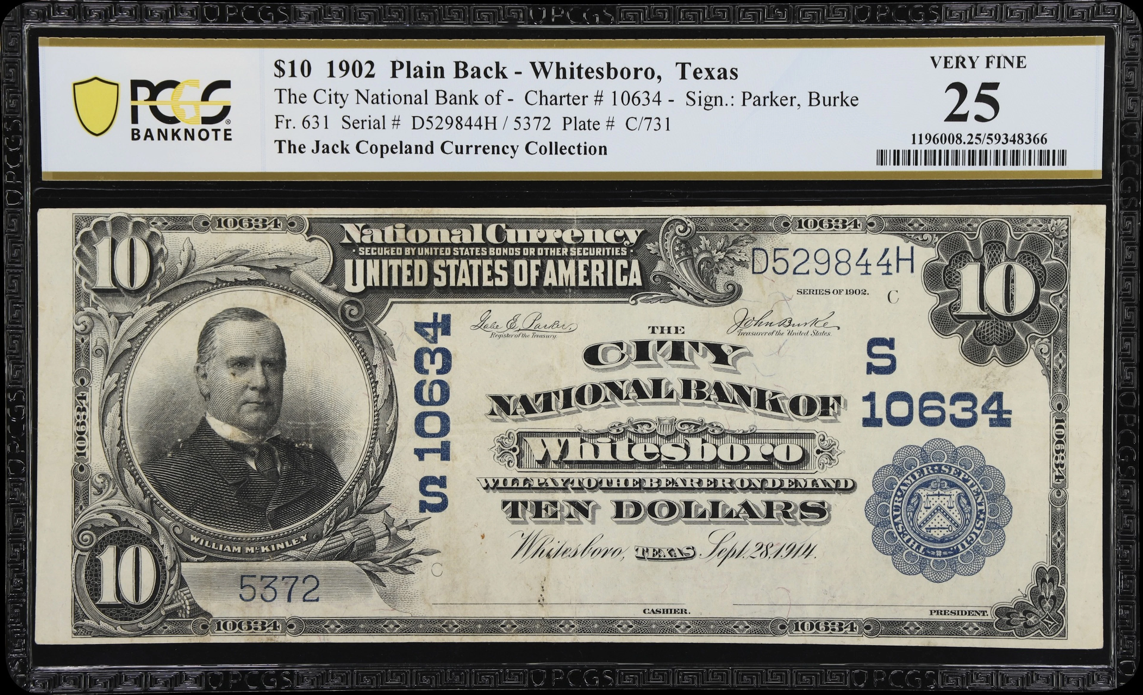 Whitesboro, Texas. $10 1902 Plain Back. Fr. 631. City NB. Charter