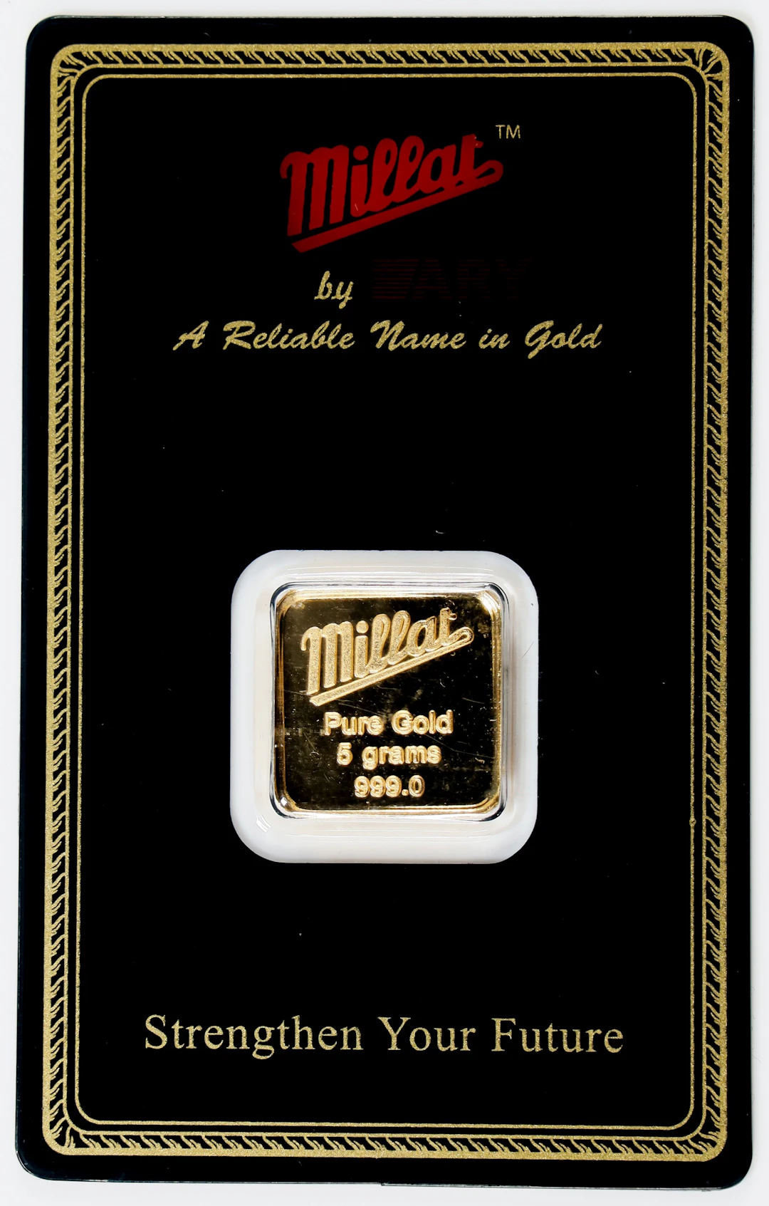 (0.161 oz, 5 g AGW). Millat 5 gram Gold Bar.