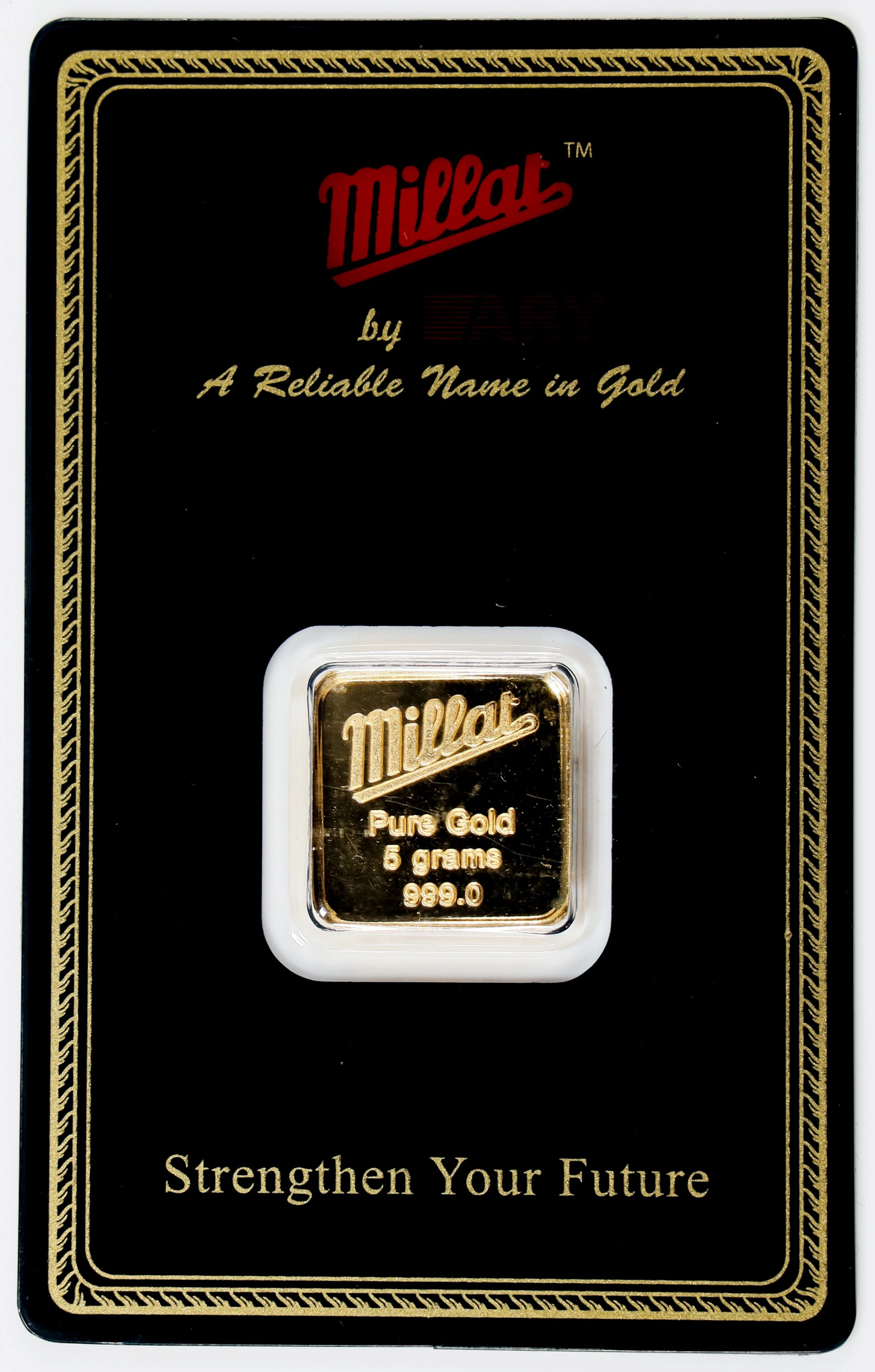 (0.161 oz, 5 g AGW). Millat 5 gram Gold Bar.