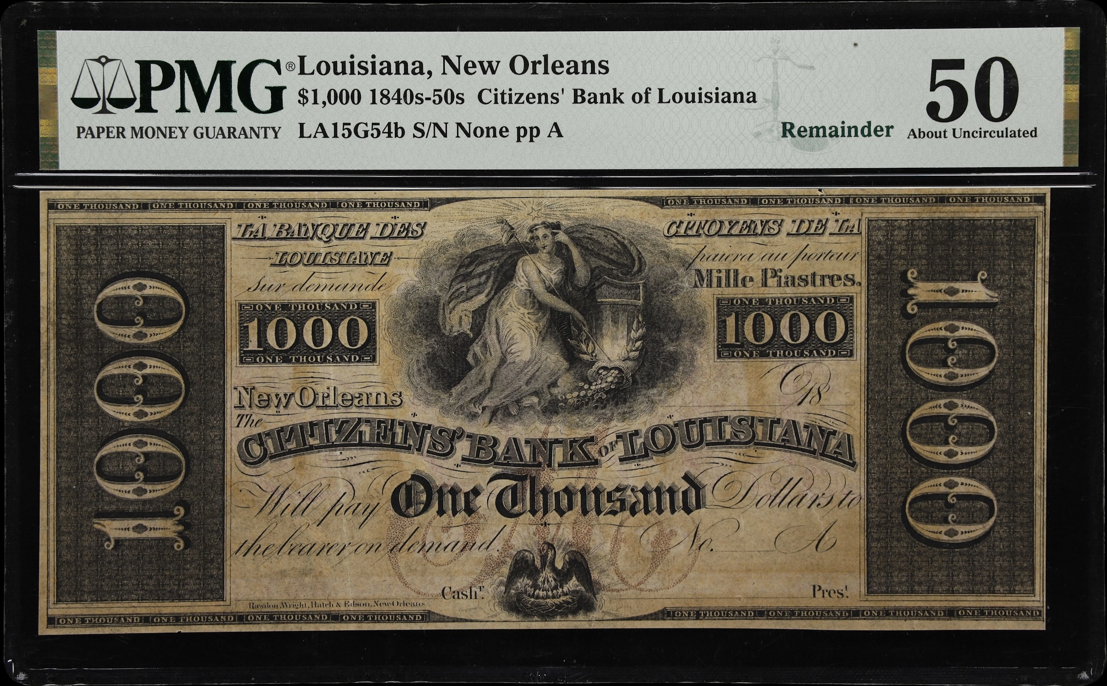 New Orleans, Louisiana. Citizens' Bank of Louisiana. 18xx $1000. PMG