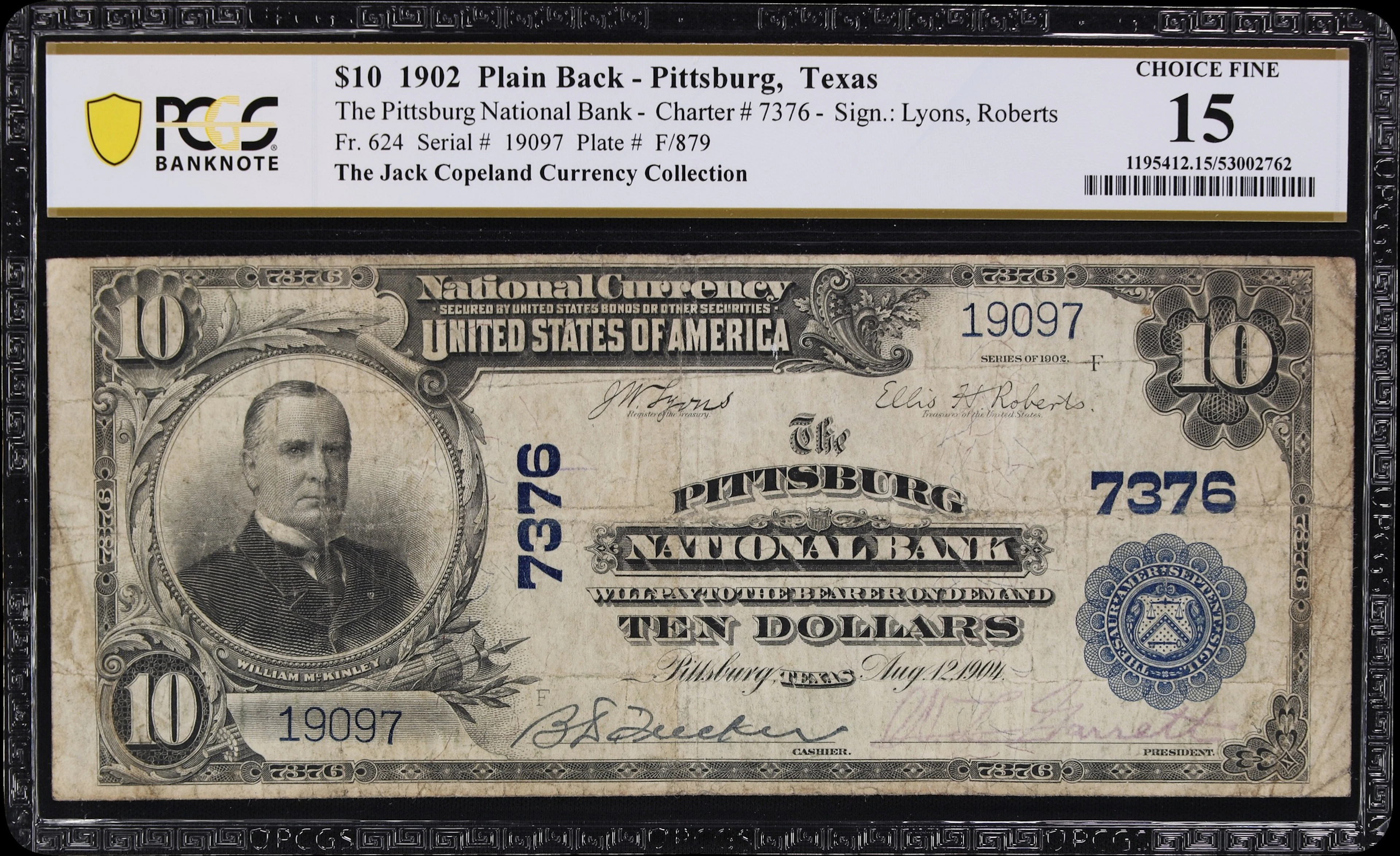 Pittsburg, Texas. $10 1902 Plain Back. Fr. 624. Pittsburg NB. Charter