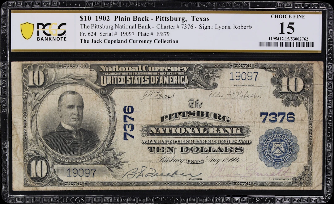 Pittsburg, Texas. $10 1902 Plain Back. Fr. 624. Pittsburg NB. Charter
