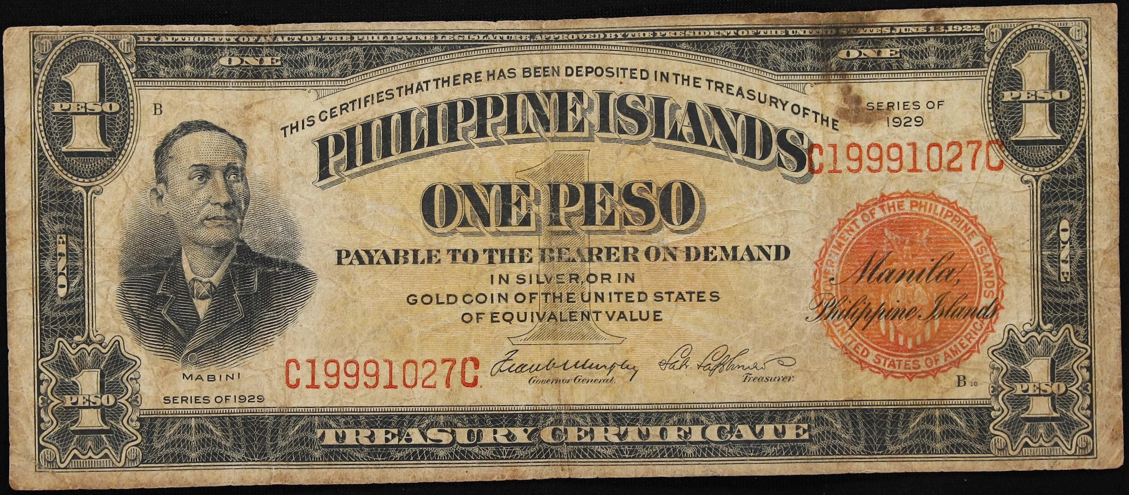 PHILIPPINES. Treasury of the Philippine Islands. 1 Peso, 1929. P-73c. Fine.