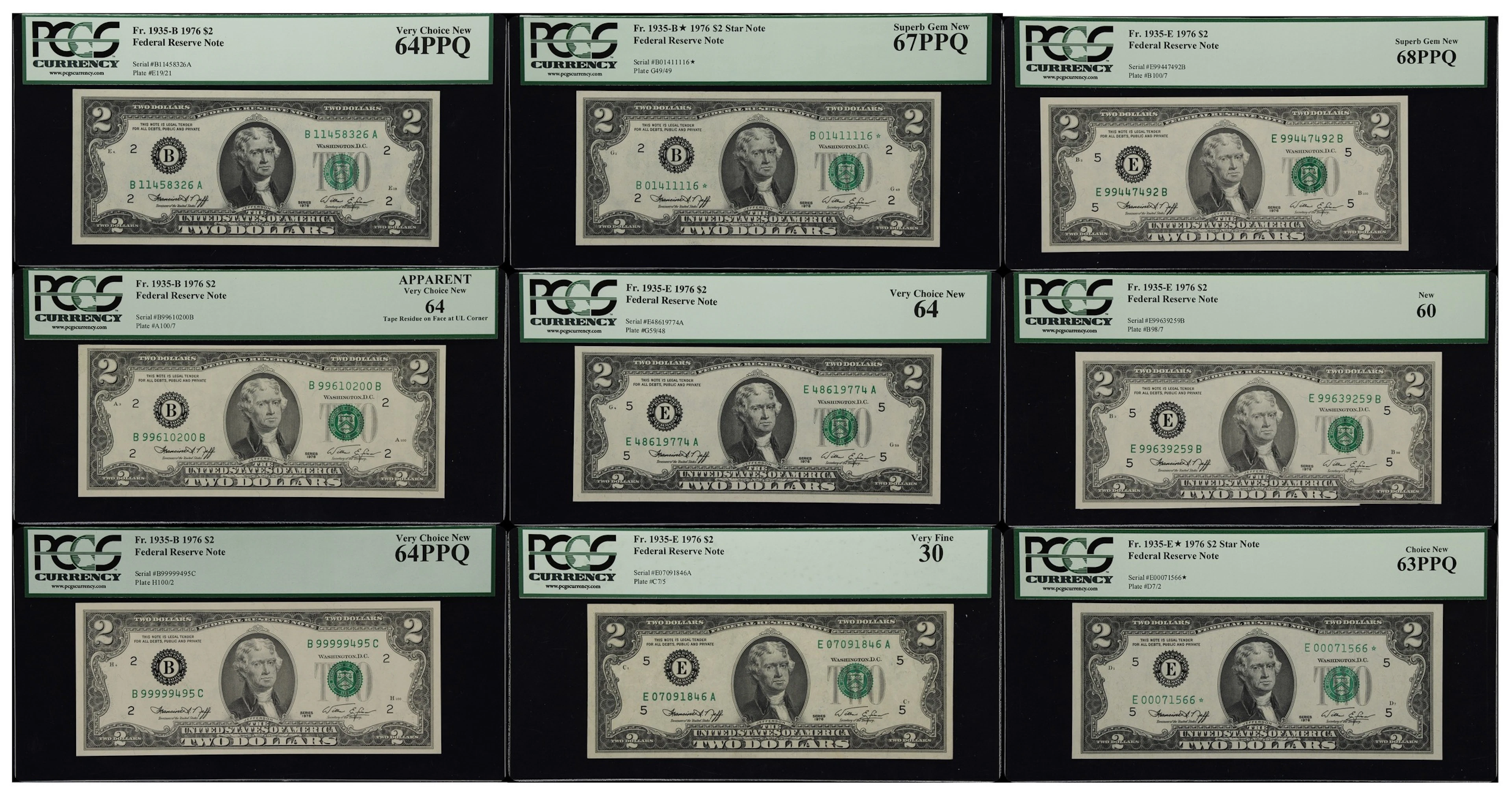 Lot of (9) Fr. 1935-B, 1935-B*, 1935-E & 1935-E*. 1976 $2 Federal