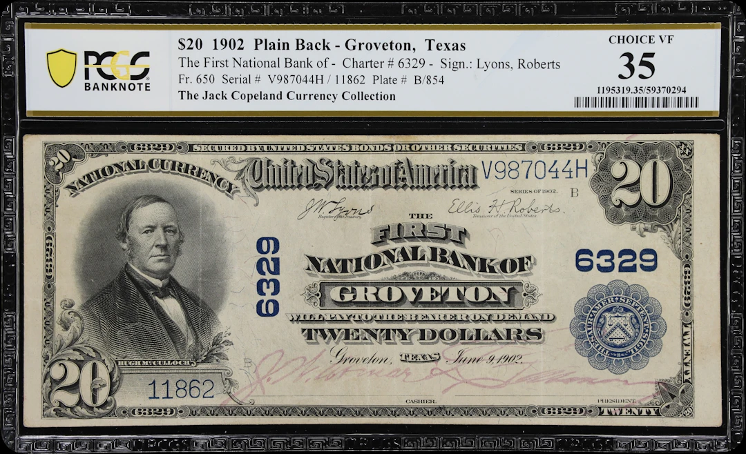 Groveton, Texas. $20 1902 Plain Back. Fr. 650. First NB. Charter #6329.