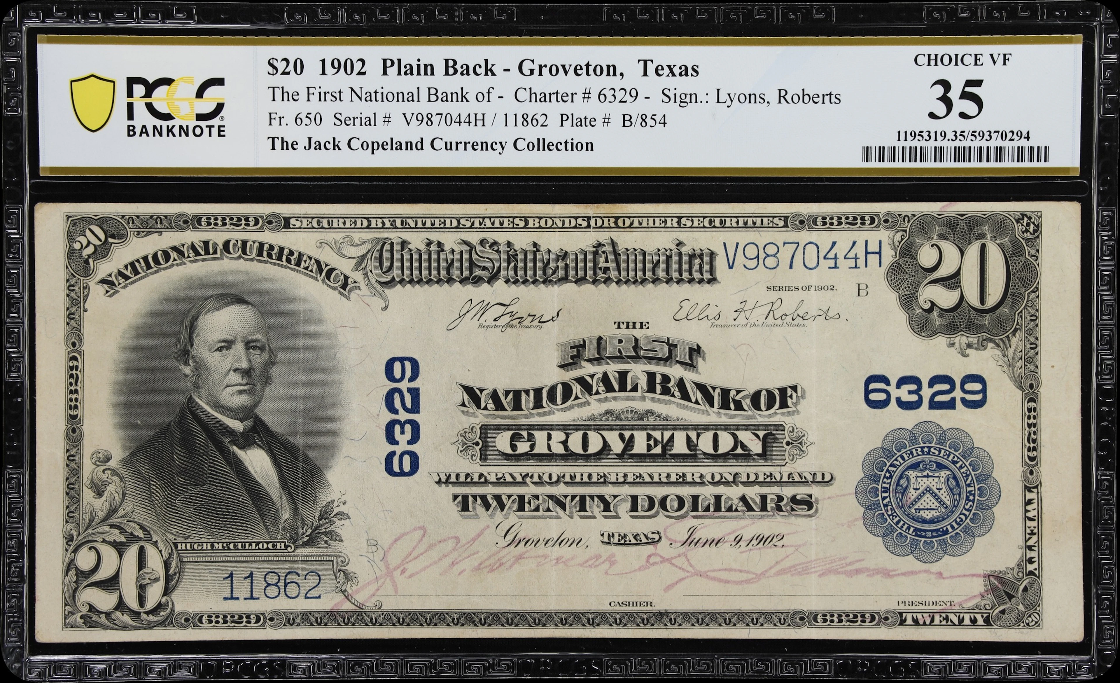 Groveton, Texas. $20 1902 Plain Back. Fr. 650. First NB. Charter #6329.