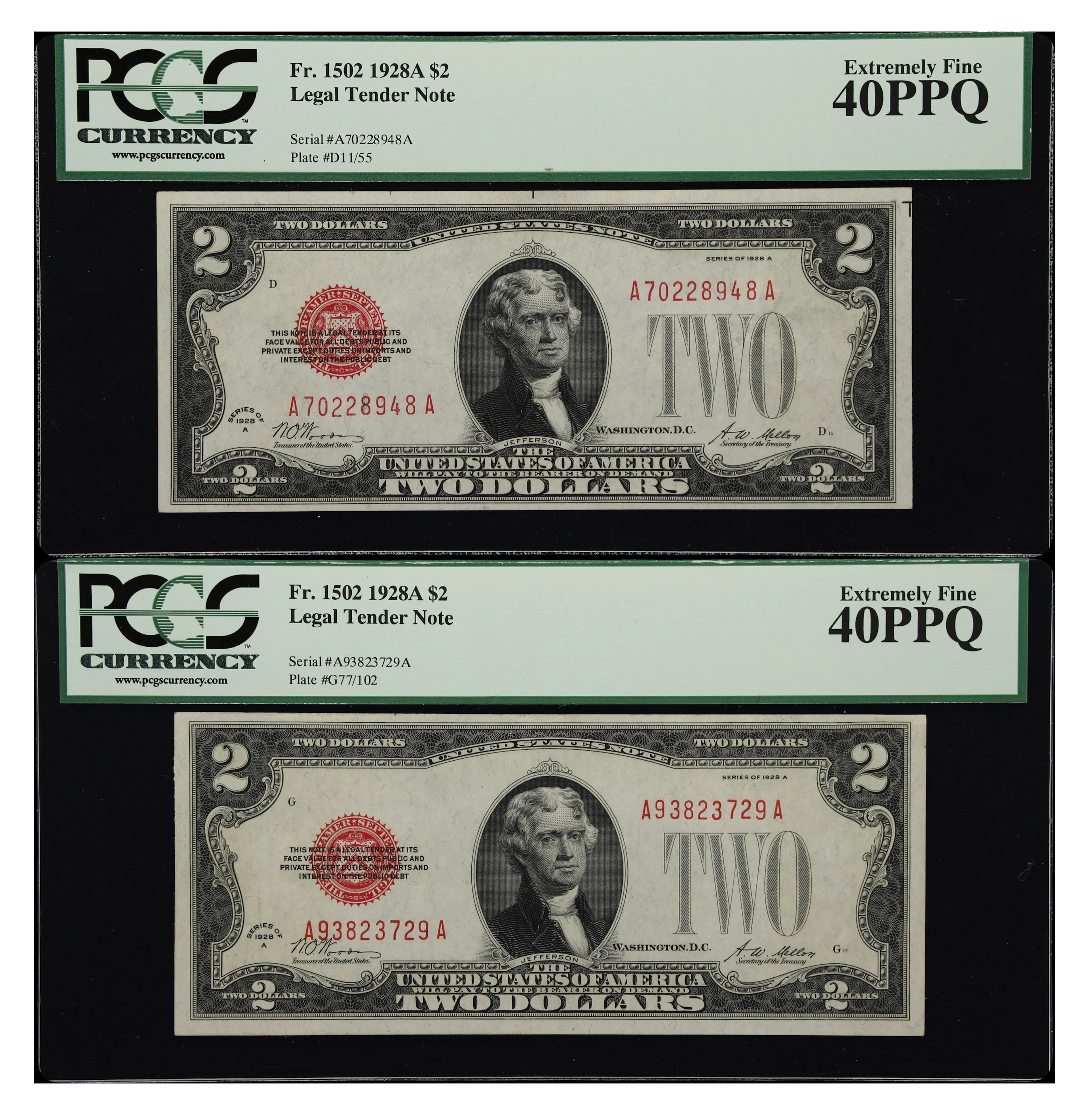 Lot of (2) Fr. 1502. 1928A $2 Legal Tender Notes. PCGS Currency Extremely