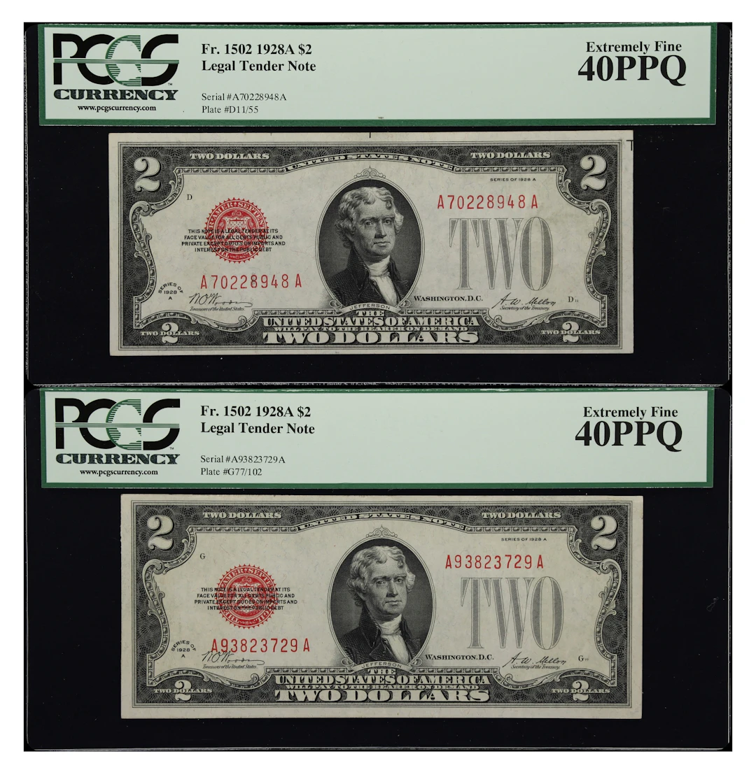 Lot of (2) Fr. 1502. 1928A $2 Legal Tender Notes. PCGS Currency Extremely