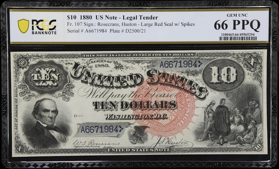 Fr. 107. 1880 $10 Legal Tender Note. PCGS Banknote Gem Uncirculated 66 PPQ.