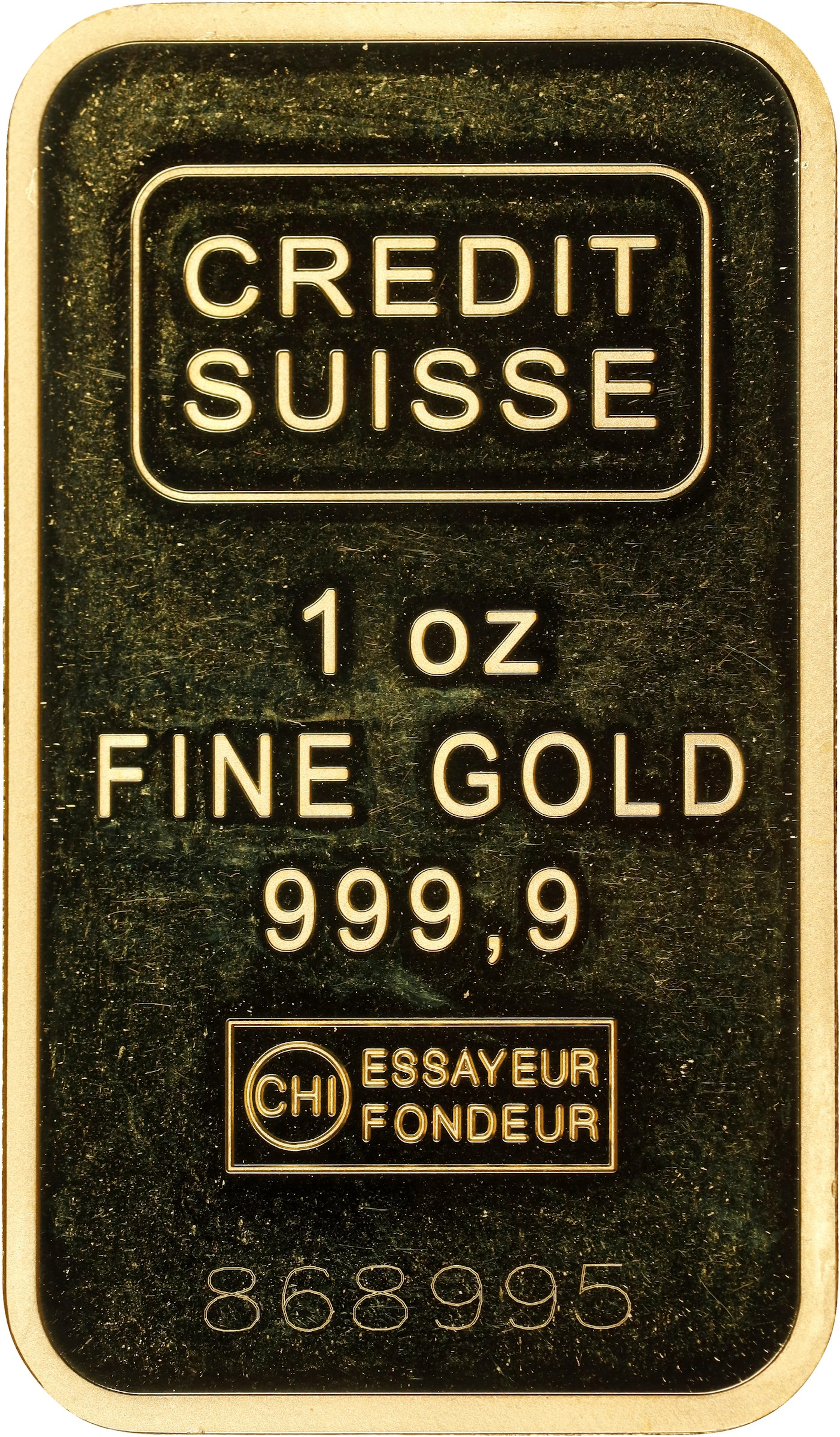 (1 oz, 31.104 g AGW). Credit Suisse 1 oz Gold Bar.