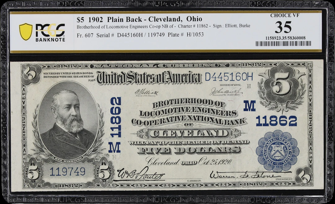 Cleveland, Ohio. $5 1902 Plain Back. Fr. 607. Brotherhood of Locomotive