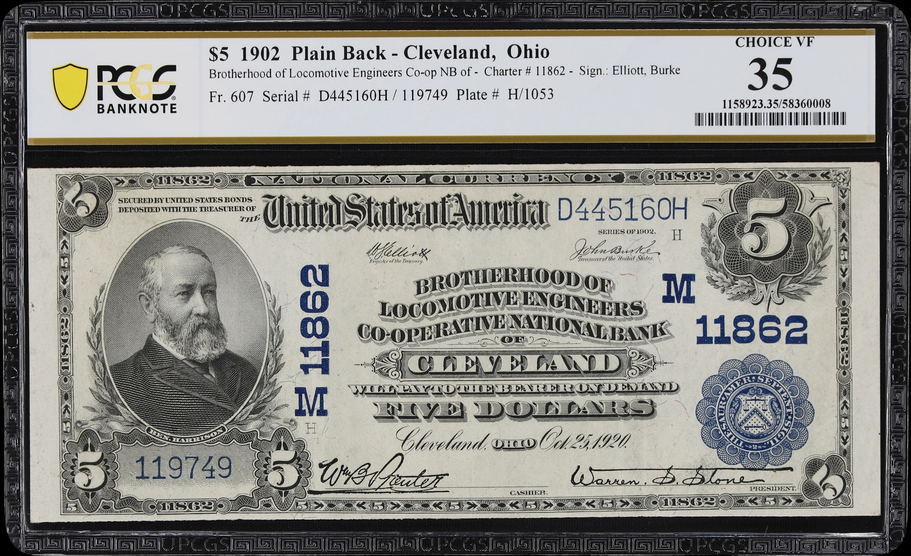 Cleveland, Ohio. $5 1902 Plain Back. Fr. 607. Brotherhood of Locomotive